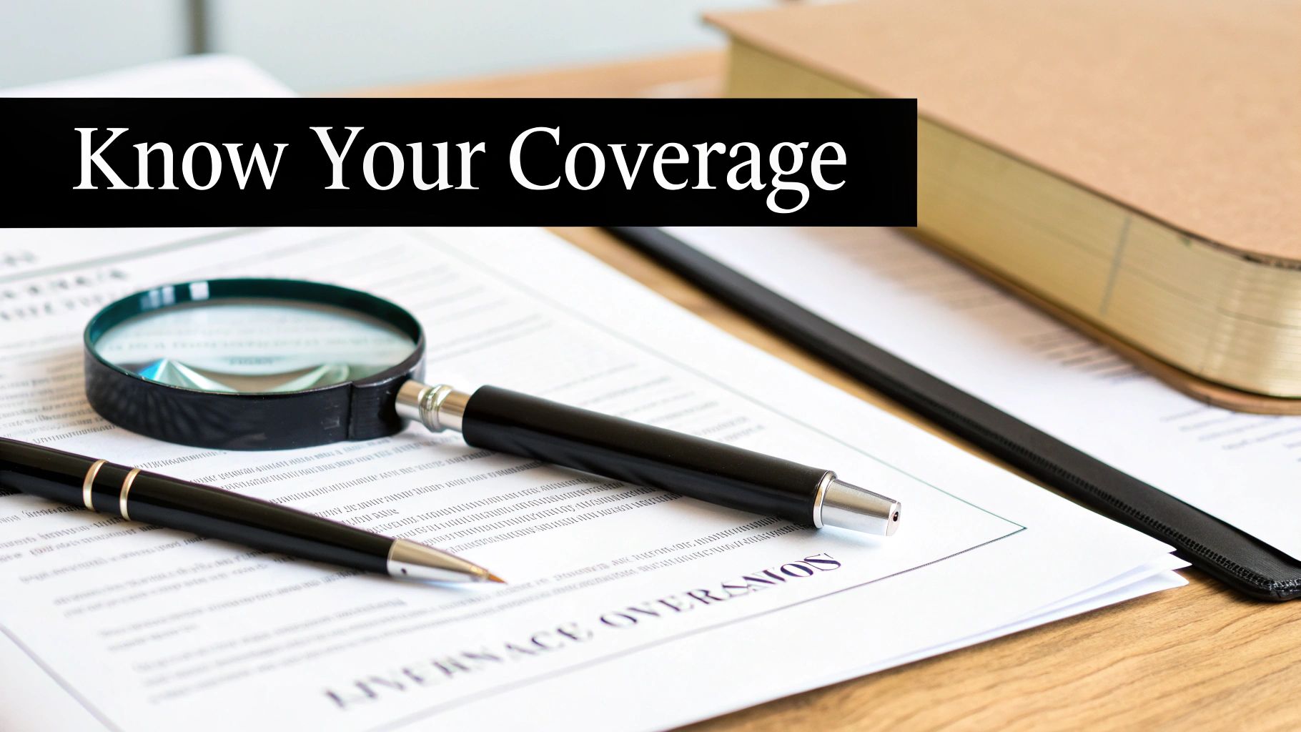 A magnifying glass and pen on top of policy documents with the text 'Know Your Coverage'.