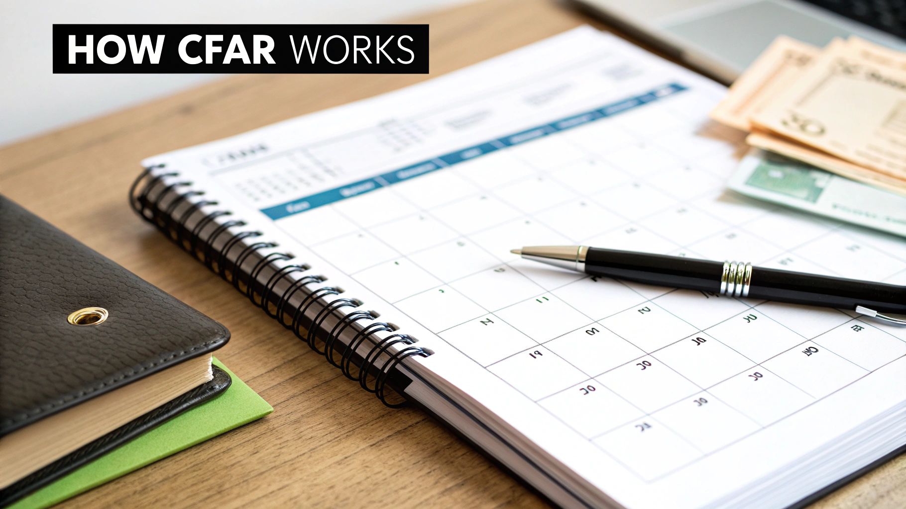 A calendar, pen, stacked notebooks, and cash on a desk, illustrating 'HOW CFAR WORKS'.