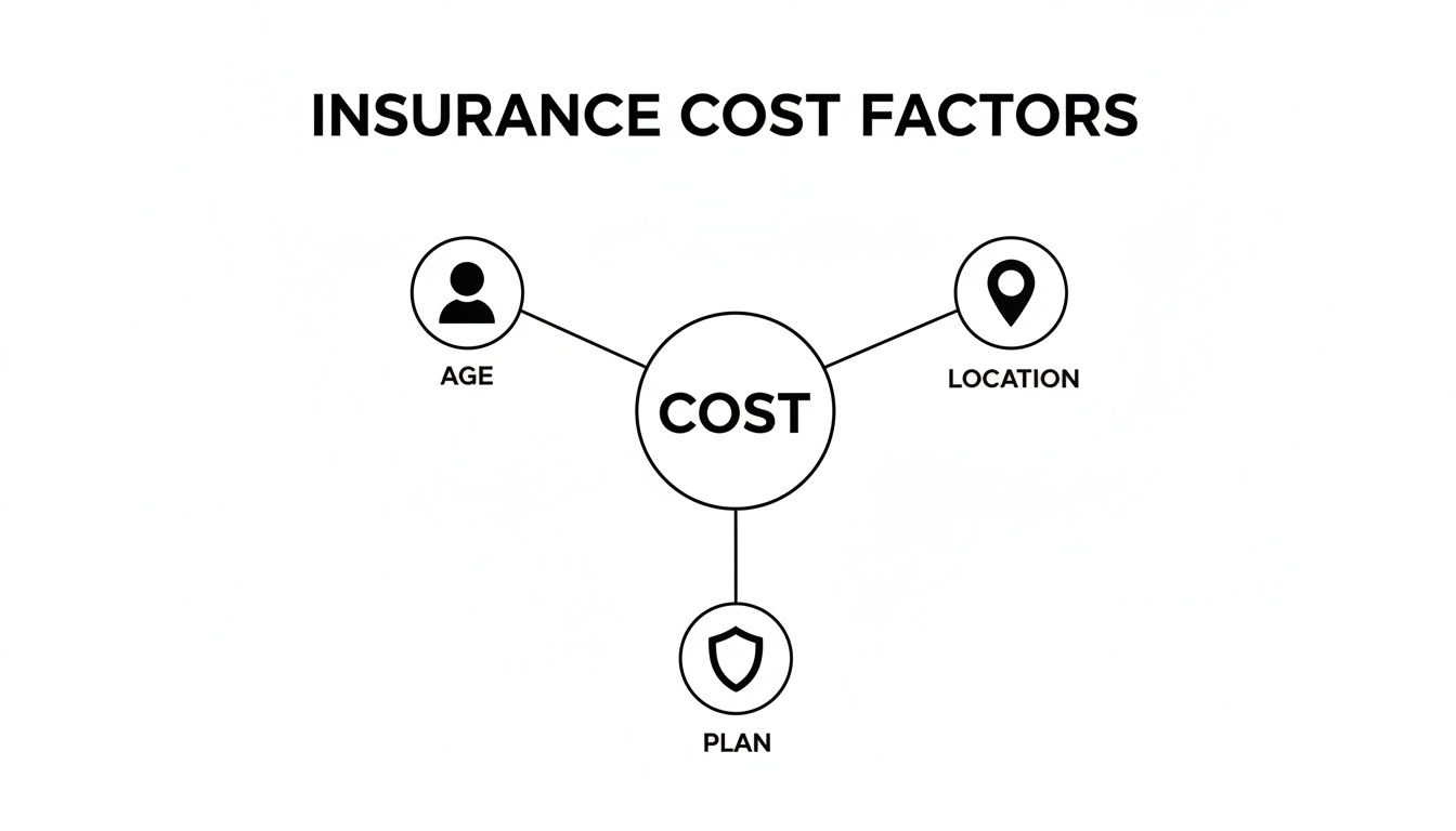 A diagram illustrates key insurance cost factors: age, location, and plan, all influencing the overall cost.