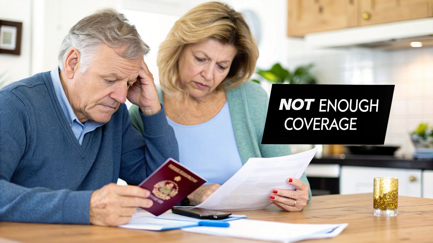 Stressed elderly couple reviewing documents, one holding a passport, with 'NOT ENOUGH COVERAGE' text overlay.