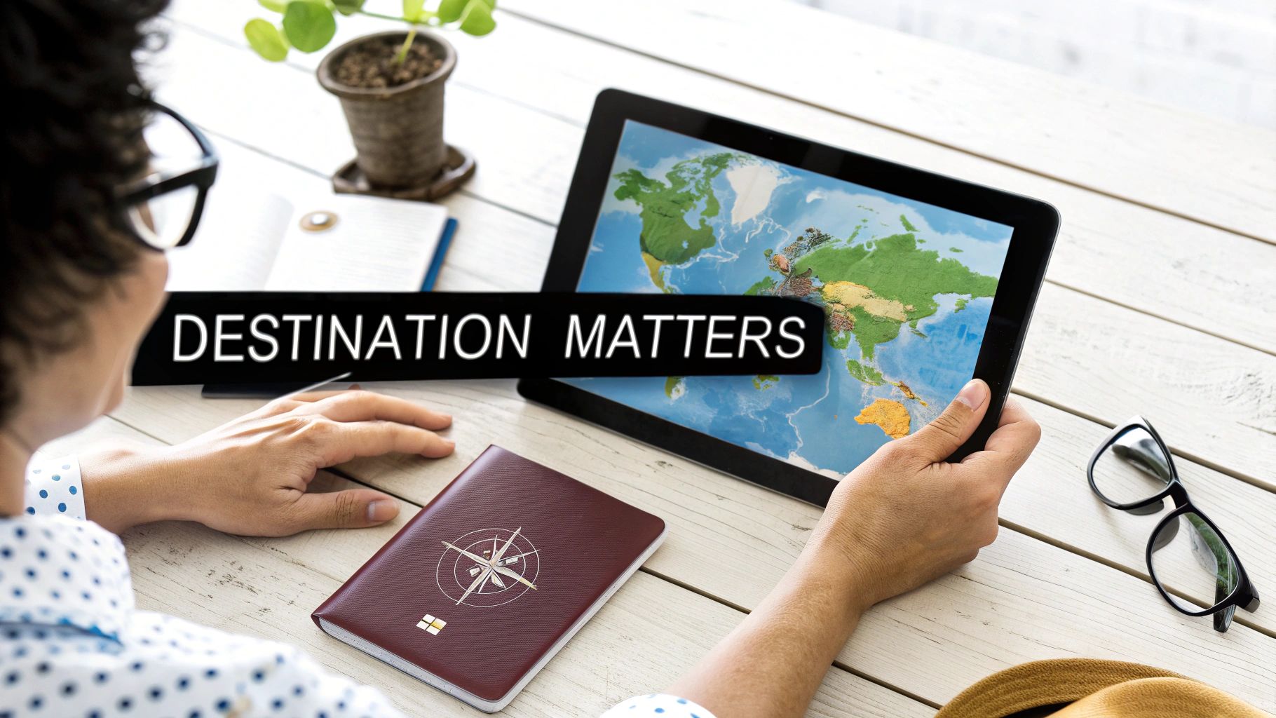 Person looking at a tablet displaying a world map with a travel journal nearby, text reads "Destination Matters".