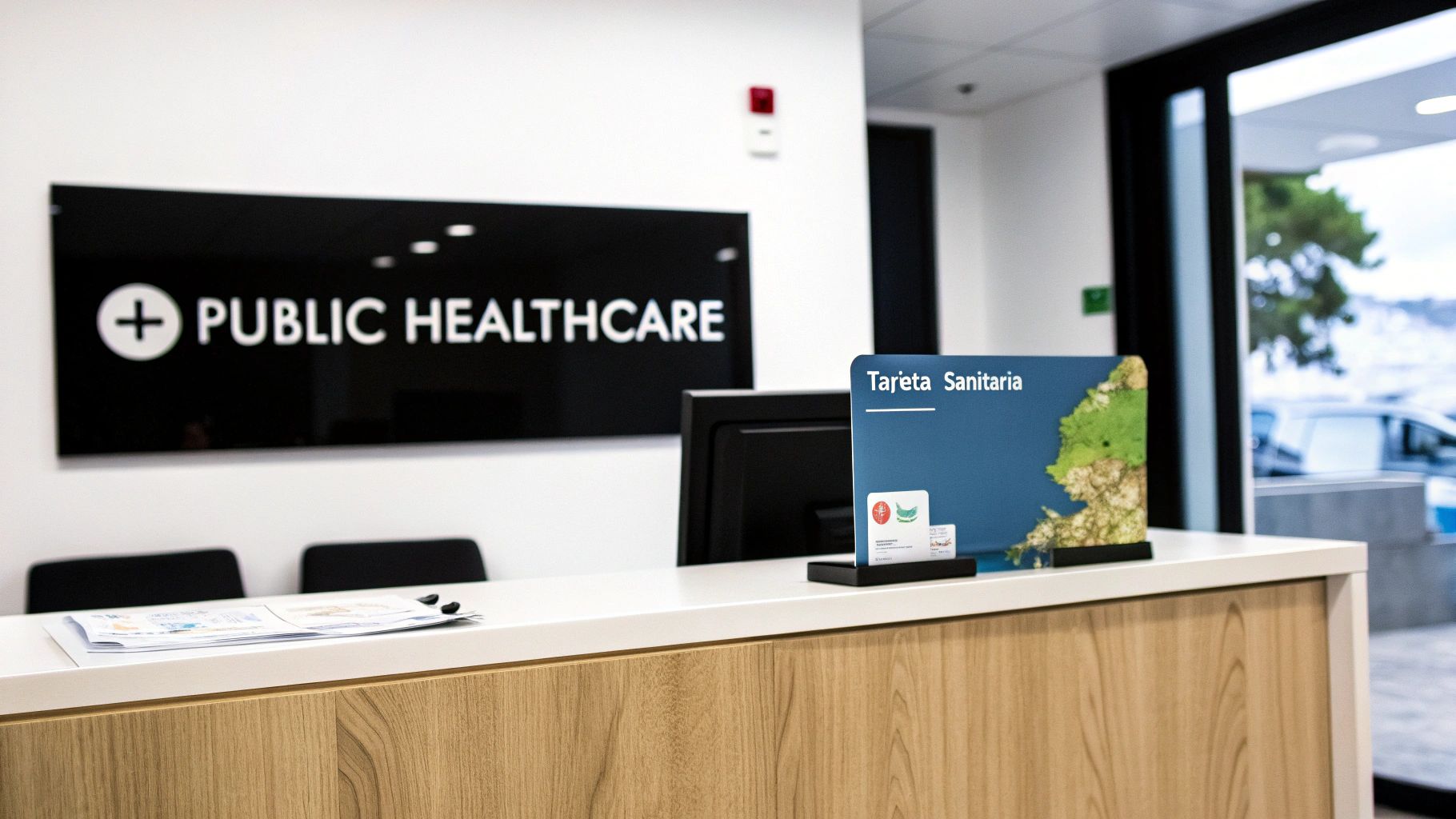 A clean public healthcare reception desk featuring a "Public Healthcare" sign and information.