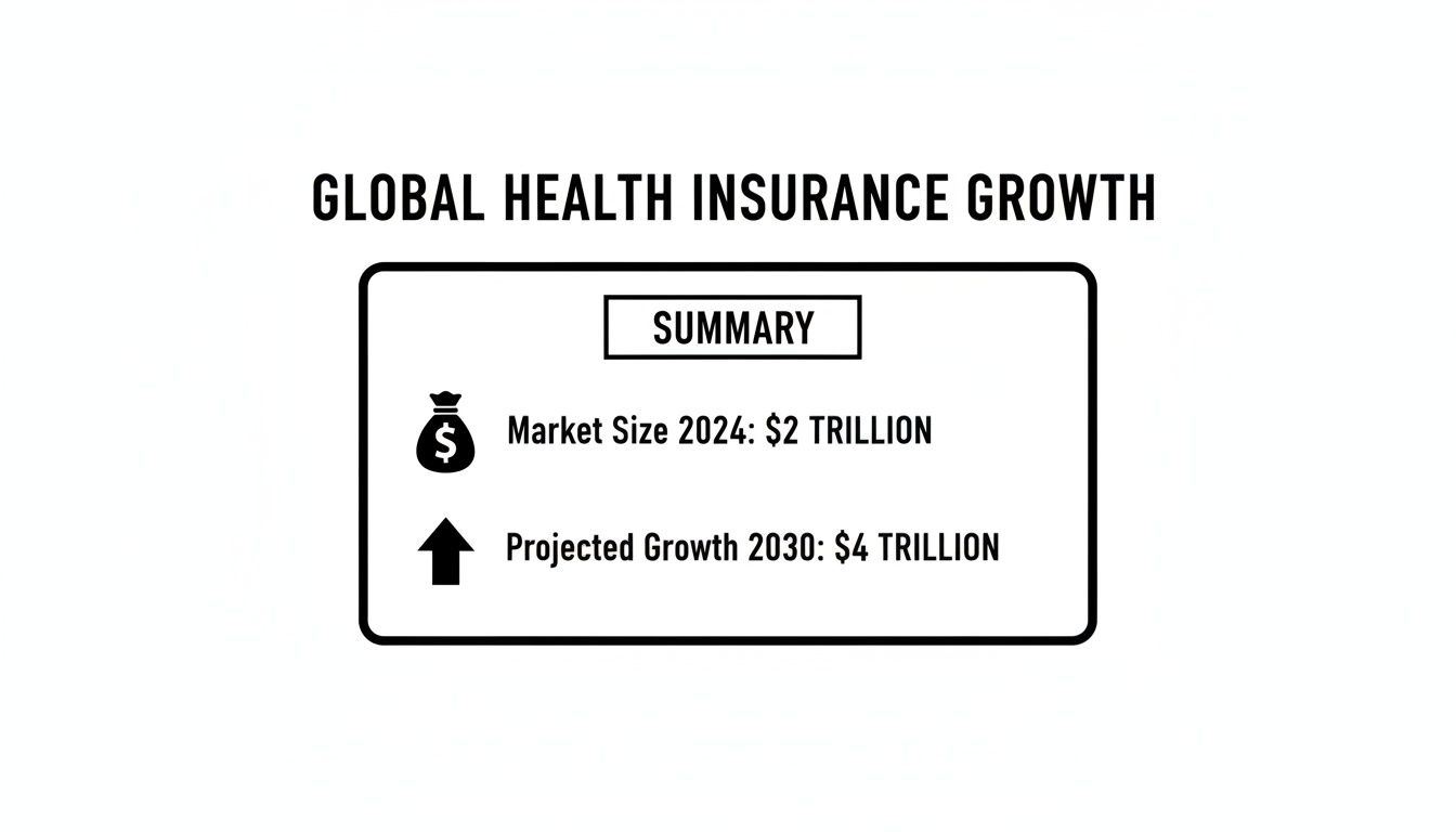 Summary of global health insurance growth, showing market size of $2 trillion in 2024 and projected $4 trillion by 2030.