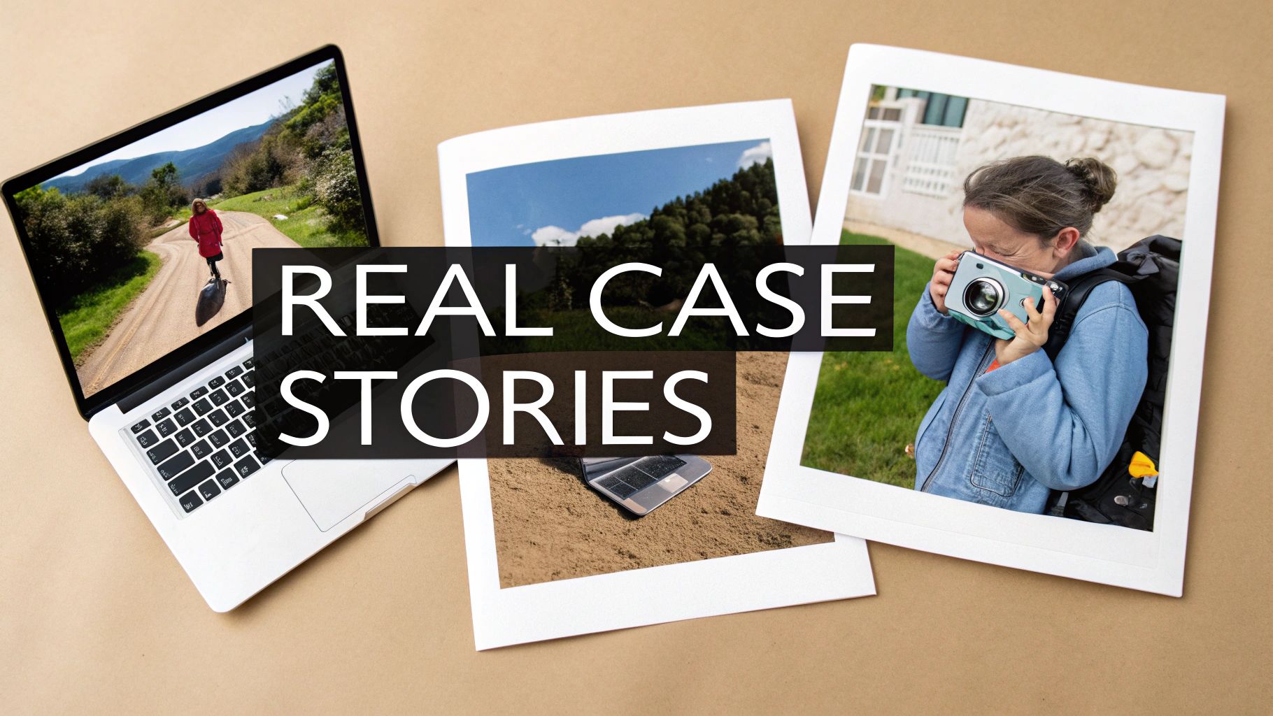 A collage of travel experiences with a laptop, photos, and 'REAL CASE STORIES' text overlay.