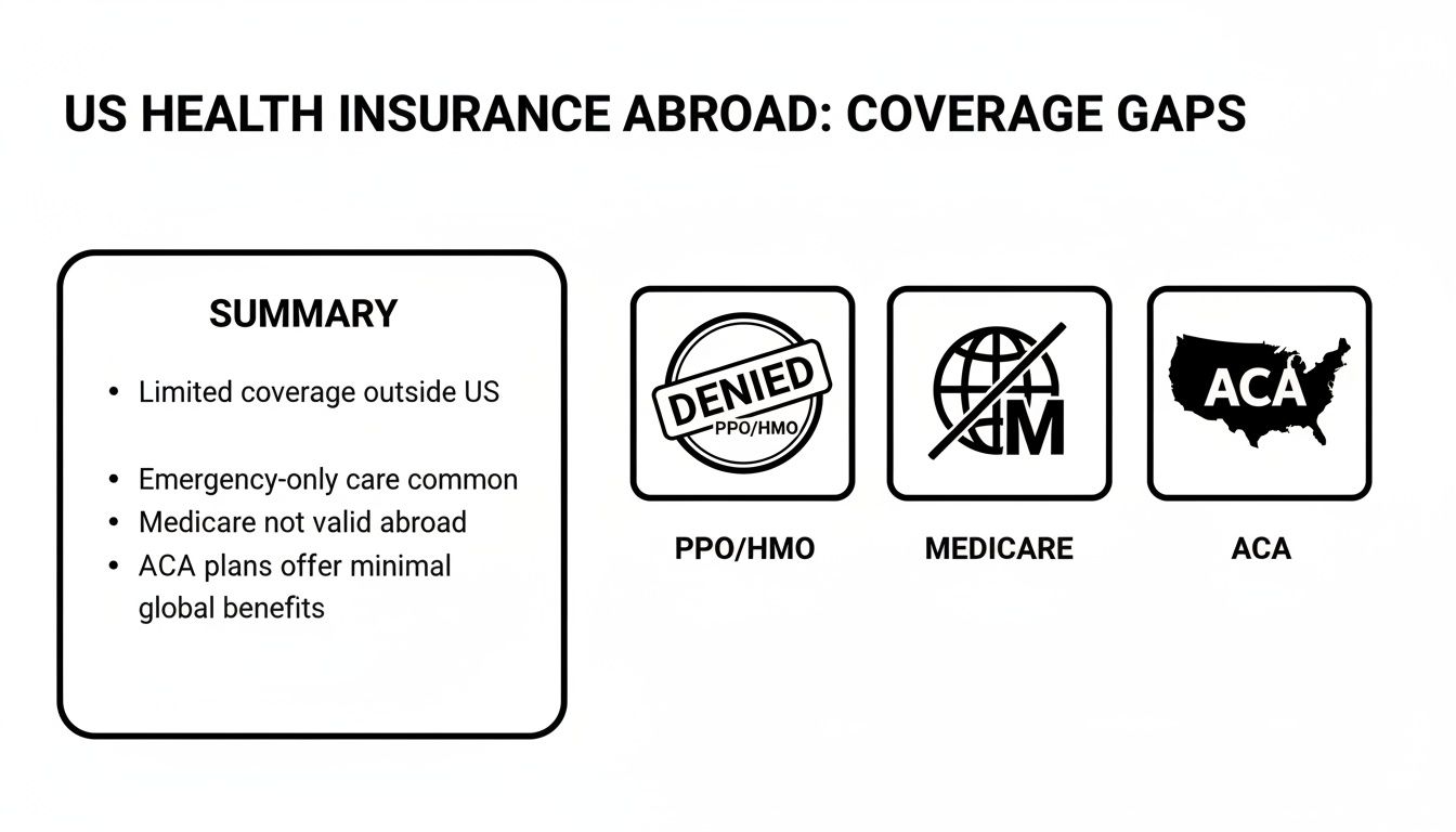 An infographic titled 'US Health Insurance Abroad: Coverage Gaps' outlining limited coverage, denied PPO/HMO, invalid Medicare, and minimal ACA global benefits.