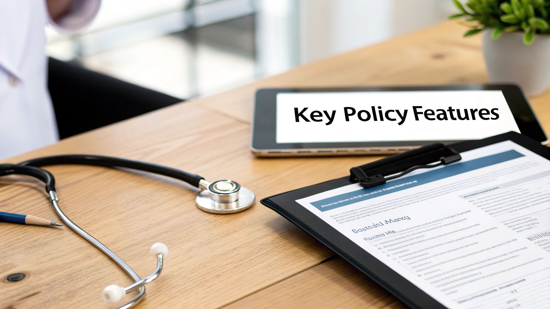 A doctor's desk with a stethoscope, clipboard, and tablet showing 'Key Policy Features'.