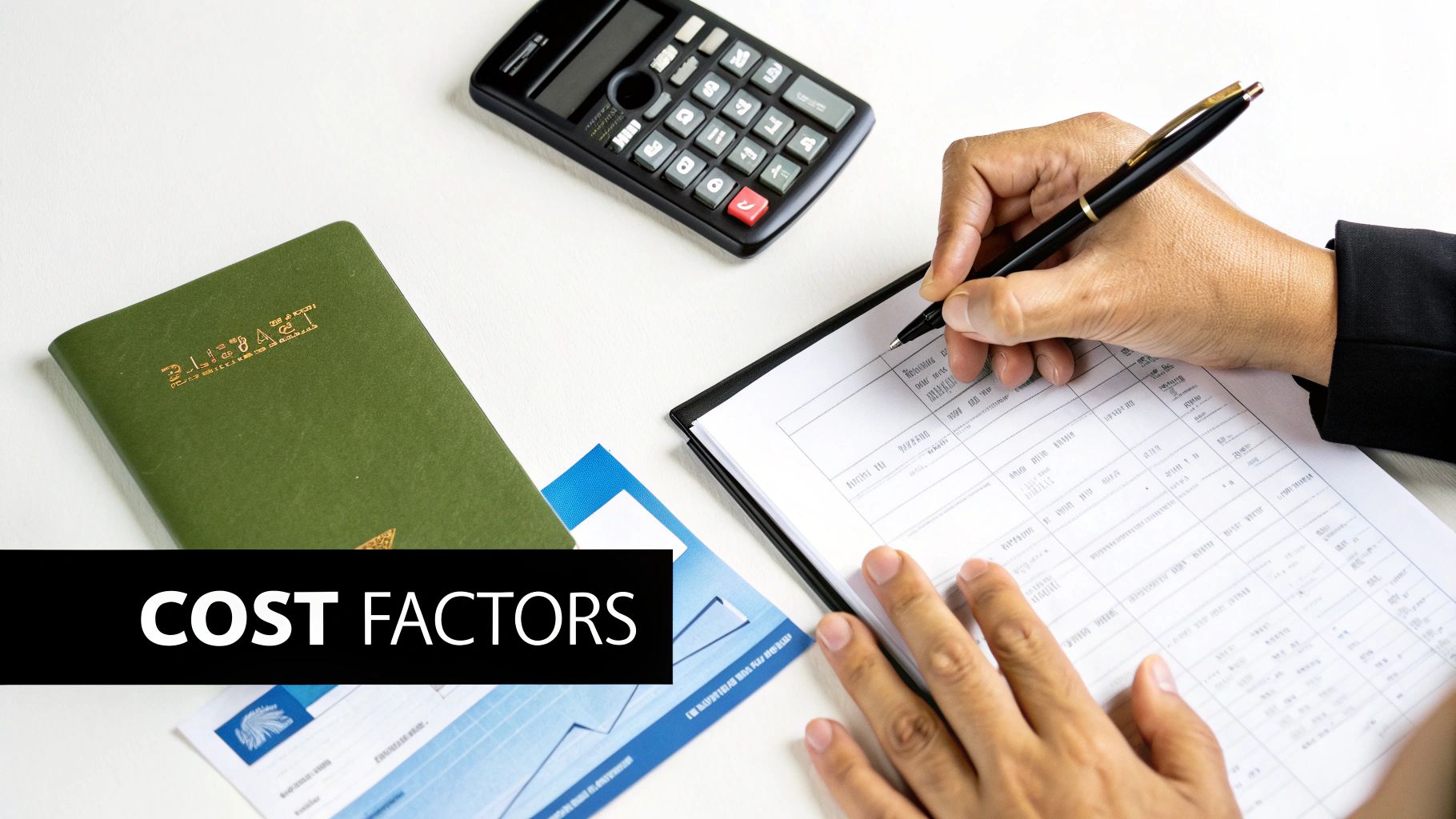 A person is writing on a financial document, with a calculator and green notebook nearby, representing cost factors.