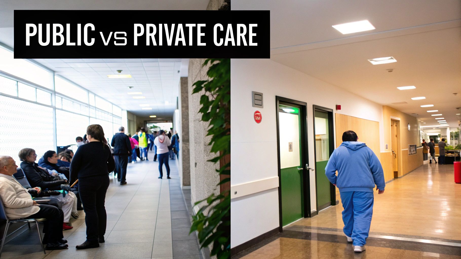 Image comparing a crowded public hospital waiting area on the left with a quieter private clinic hallway on the right.