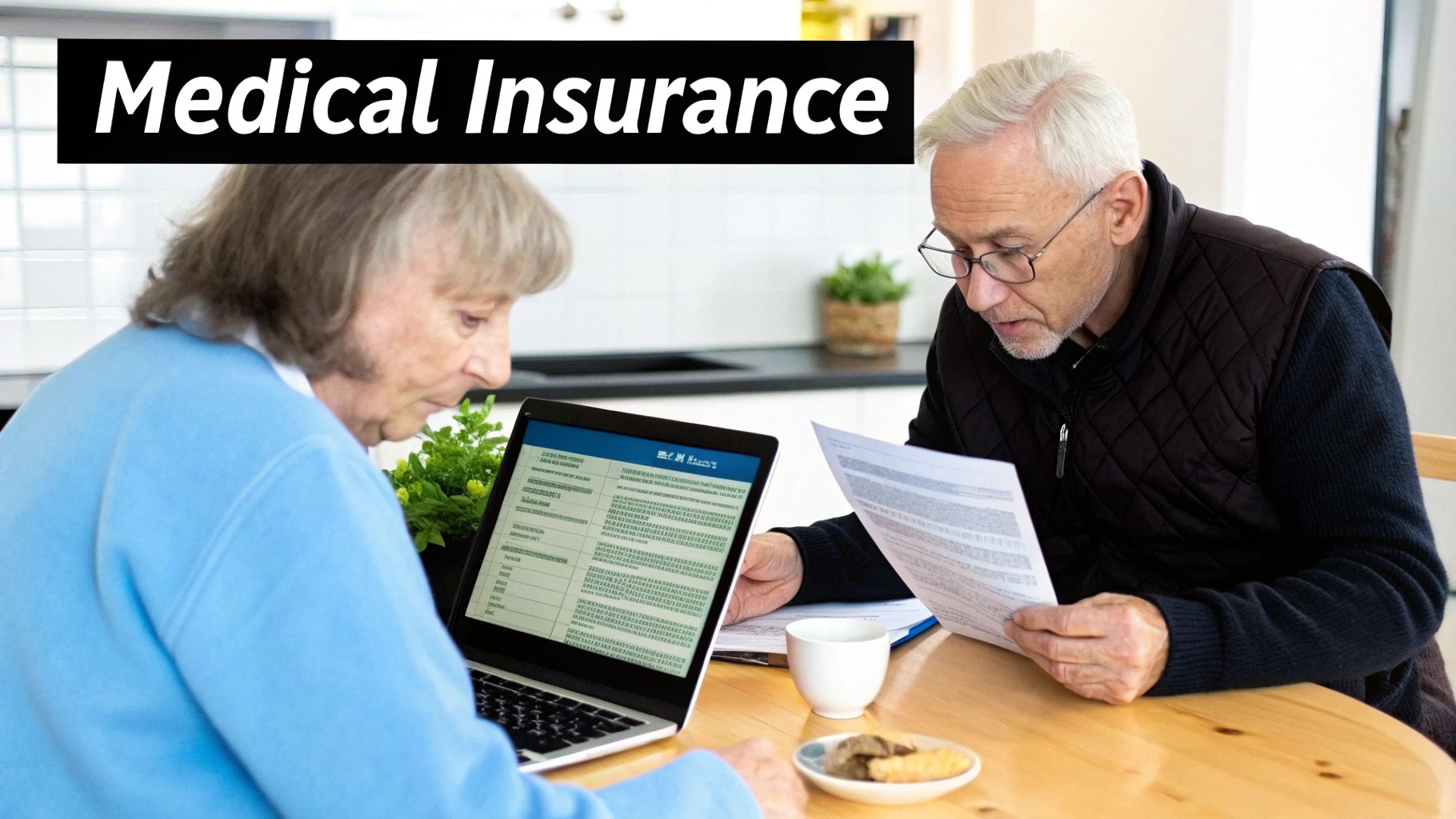 Elderly couple reviewing medical insurance information on a laptop and paper documents at home.