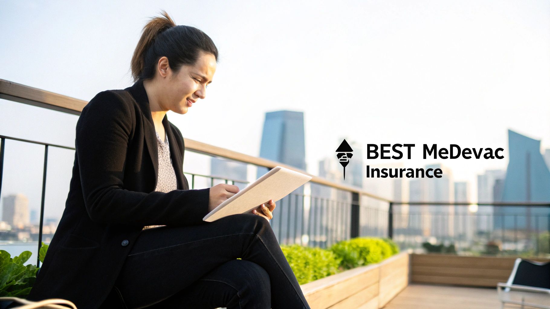A professional woman sitting outdoors on a terrace, smiling while using a tablet with a city skyline in the background.