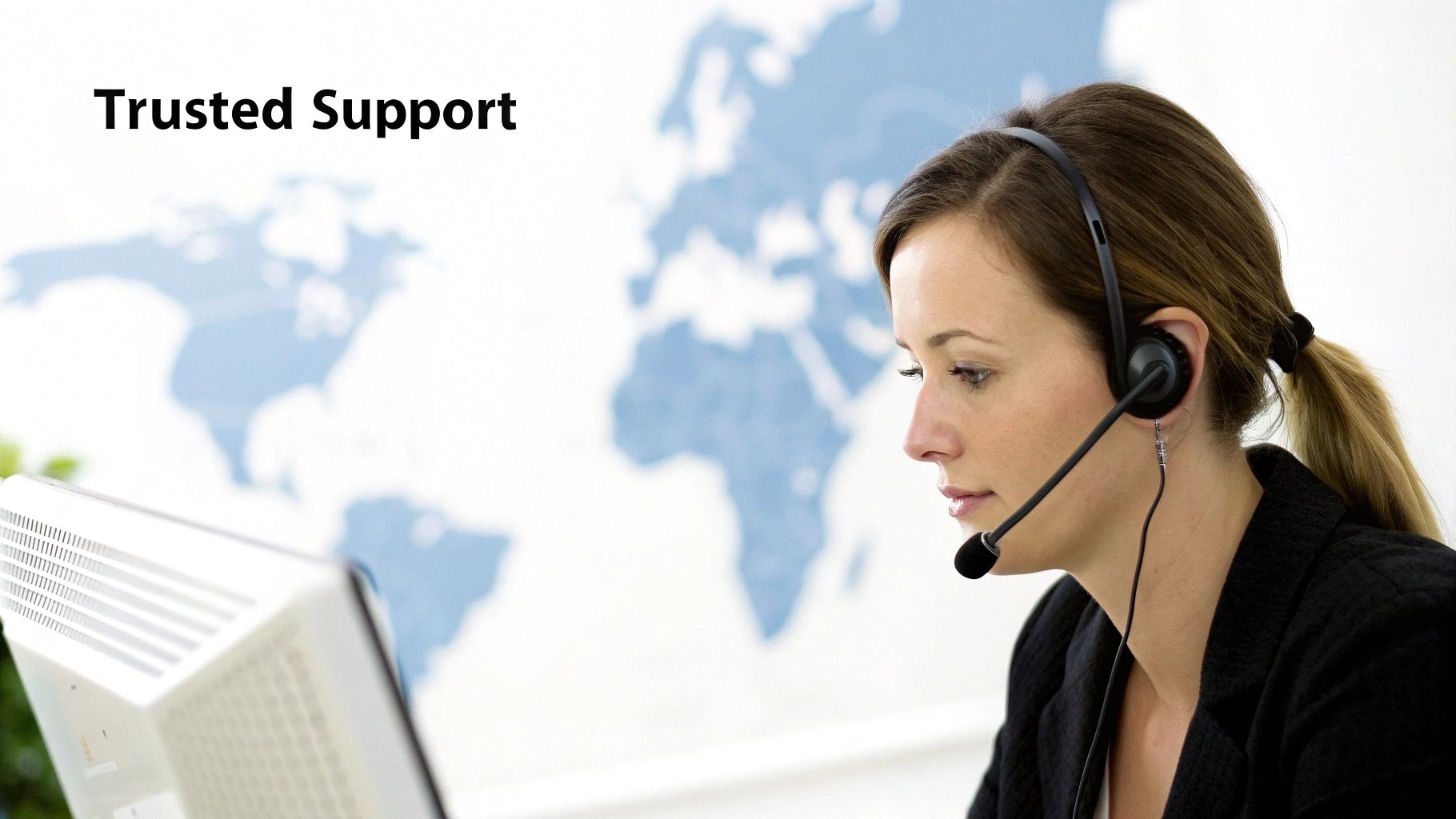 A professional woman wearing a headset works at a computer, providing trusted support with a world map in the background.