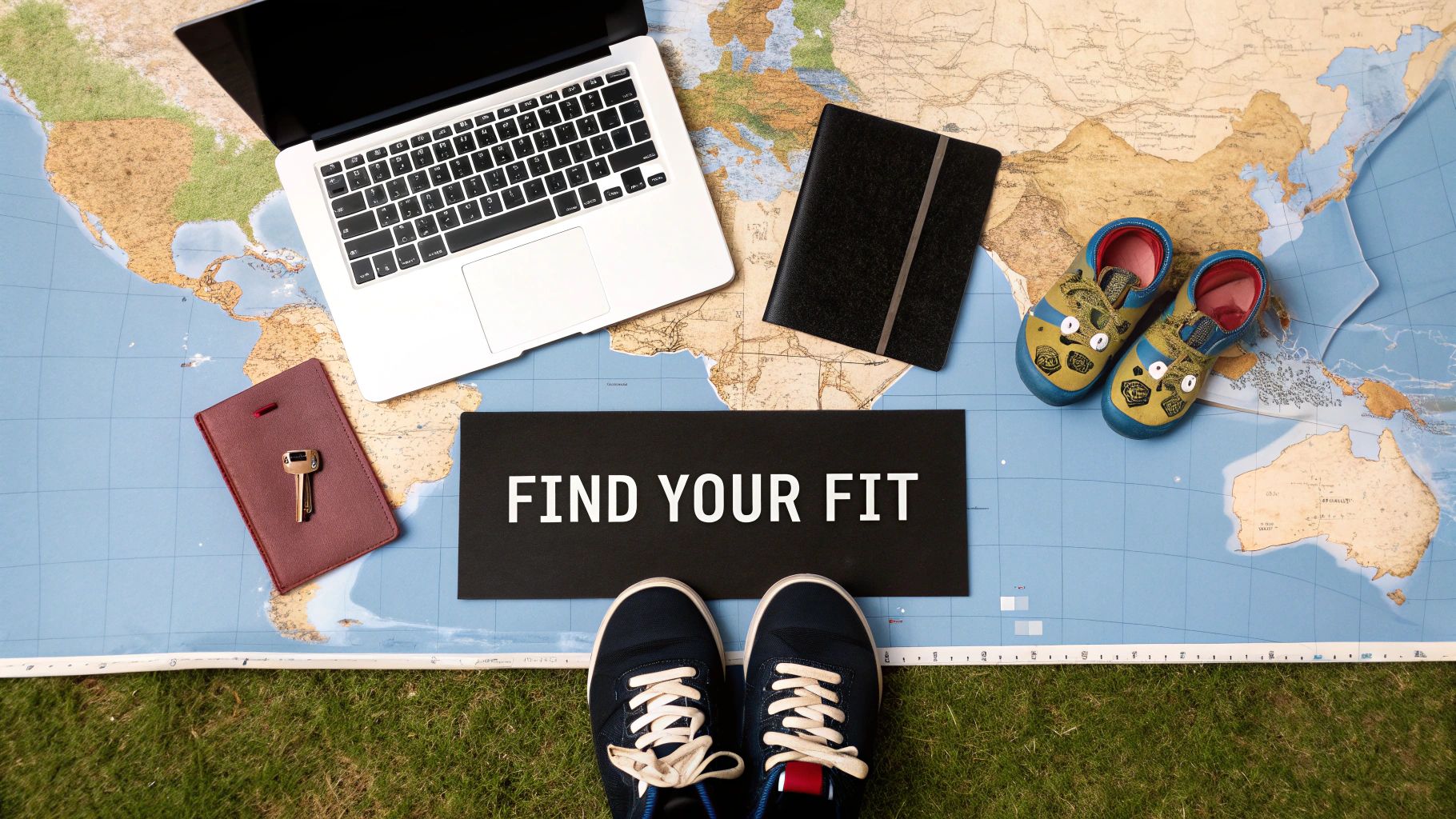 Overhead view of travel items on a world map with shoes and 'FIND YOUR FIT' sign, symbolizing adventure.