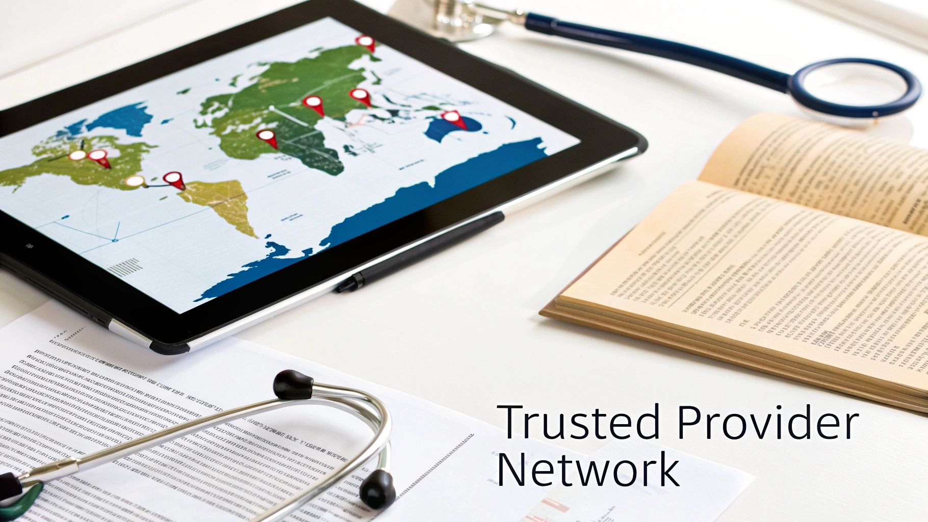 A tablet with a world map showing global locations, a stethoscope, and documents for a trusted healthcare provider network.
