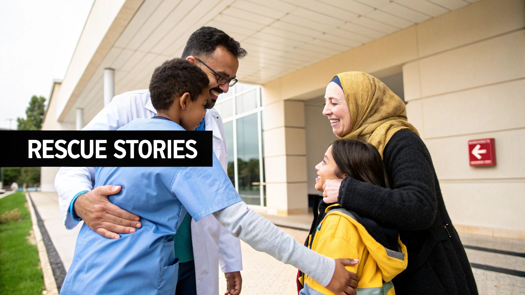 A doctor embraces a young boy while a woman in a hijab and a girl smile, with 'RESCUE STORIES' text.