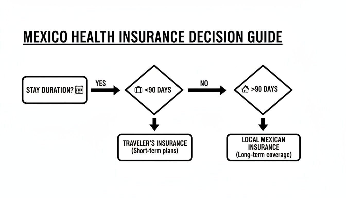 Flowchart for Mexico health insurance decision, guiding choice based on stay duration under or over 90 days.