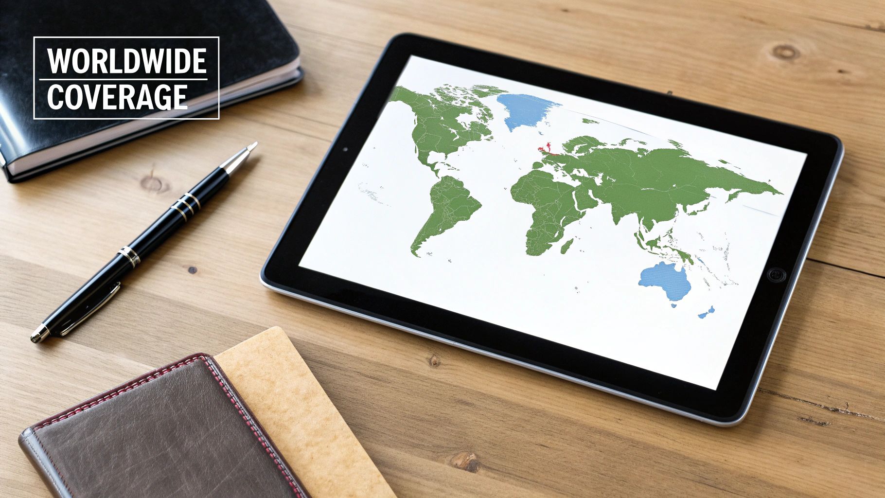 A tablet displays a world map with red and blue highlighted regions, signifying worldwide coverage. A pen, notebook, and wallet rest on a wooden desk.