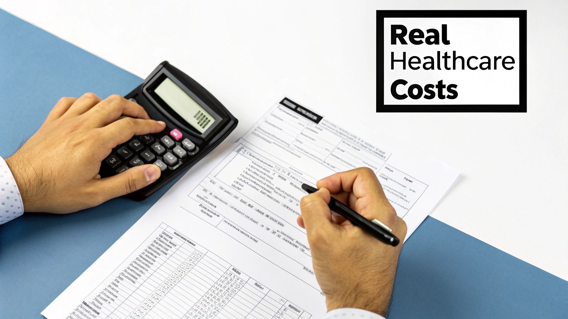 A person calculates real healthcare costs using a calculator and filling out forms.
