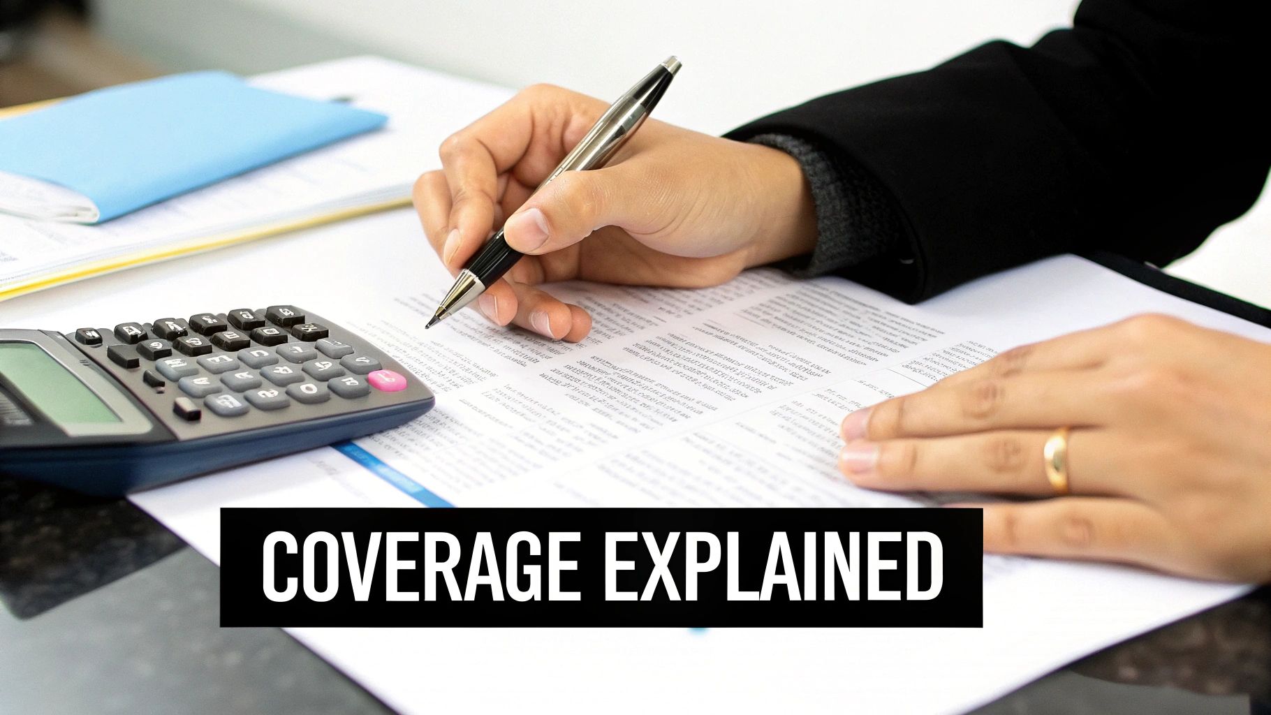 Person writing on documents with a pen, calculator nearby, with 'COVERAGE EXPLAINED' text overlay.