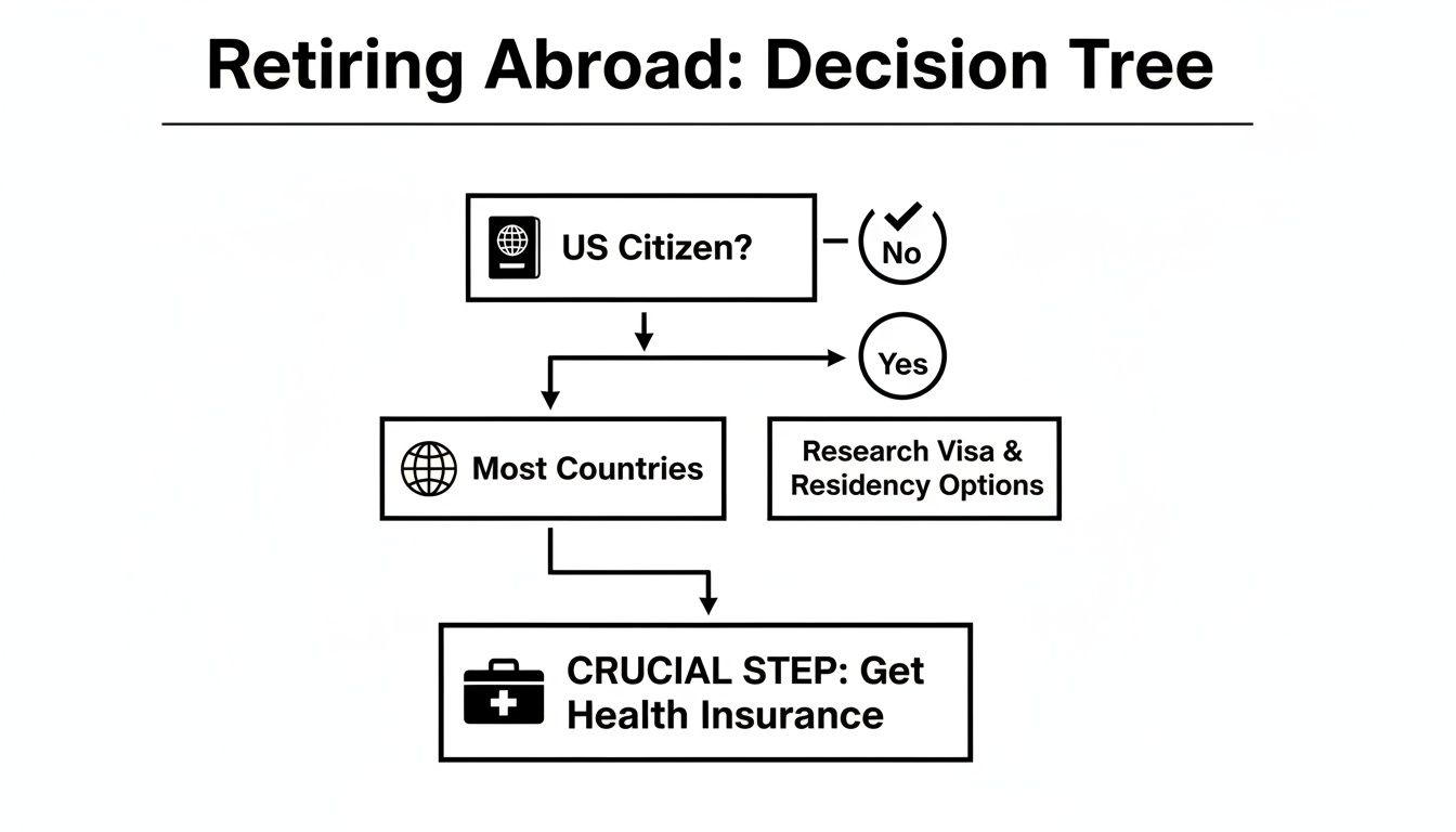 A decision tree illustrating steps for retiring abroad, covering US citizenship, visa options, and health insurance.