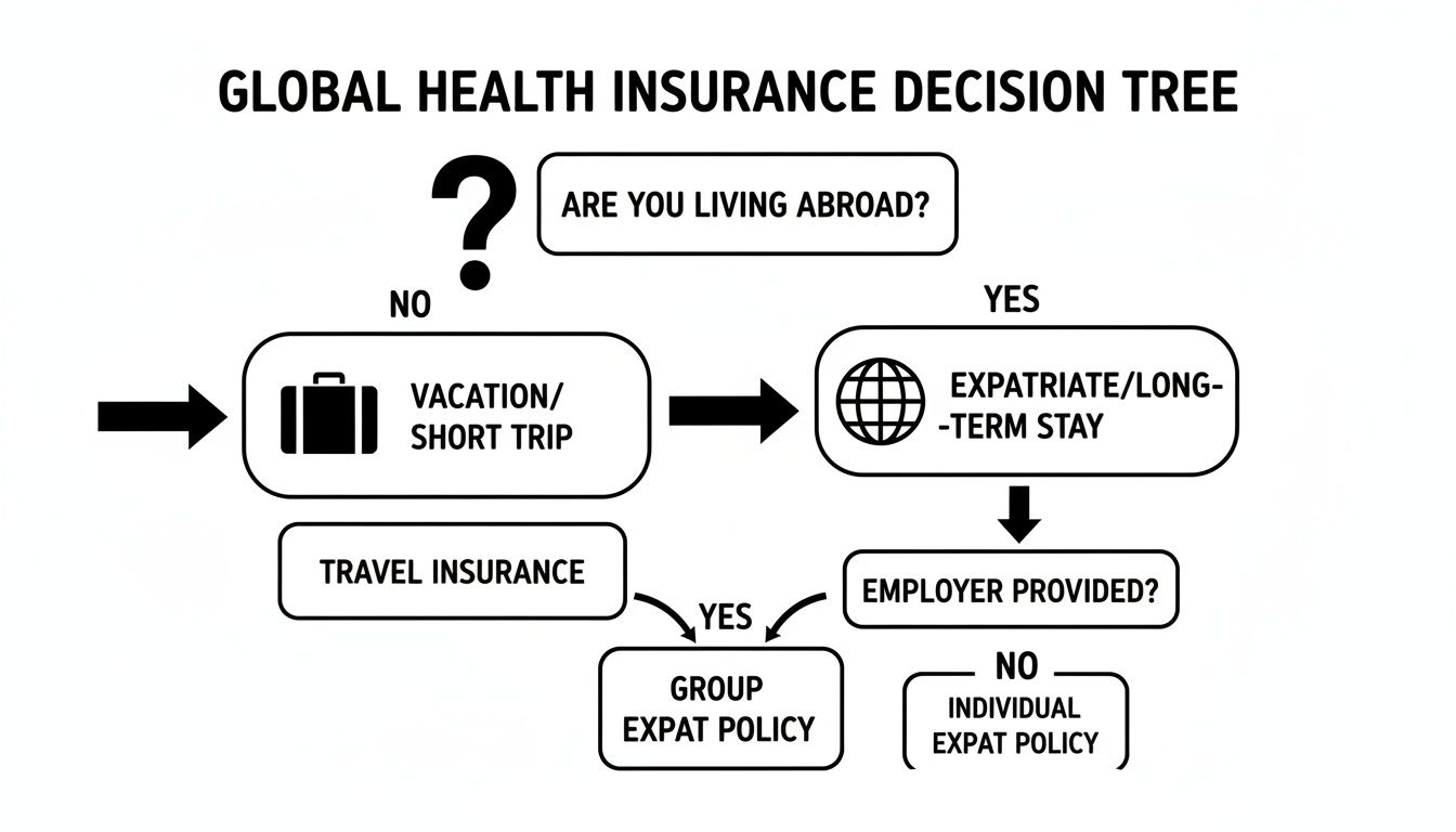 A global health insurance decision tree diagram outlining choices for travelers and expatriates.