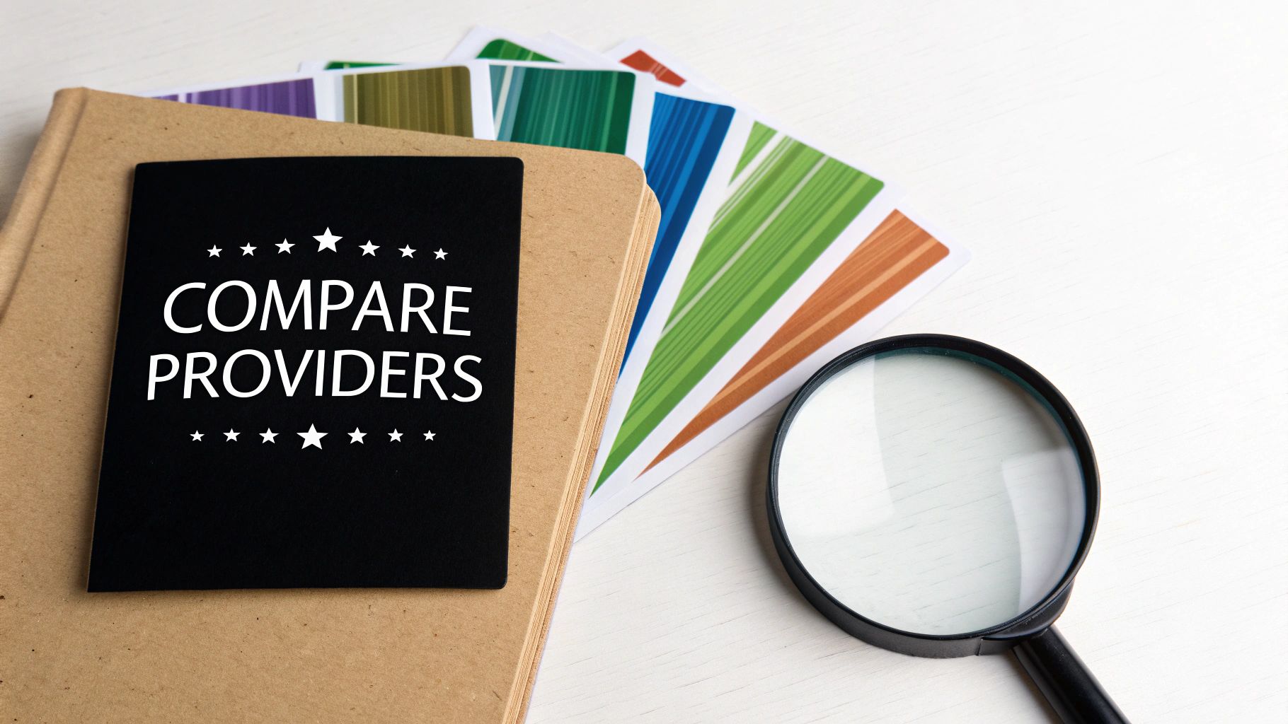A black card with 'COMPARE PROVIDERS' and stars, colorful swatches, and a magnifying glass.
