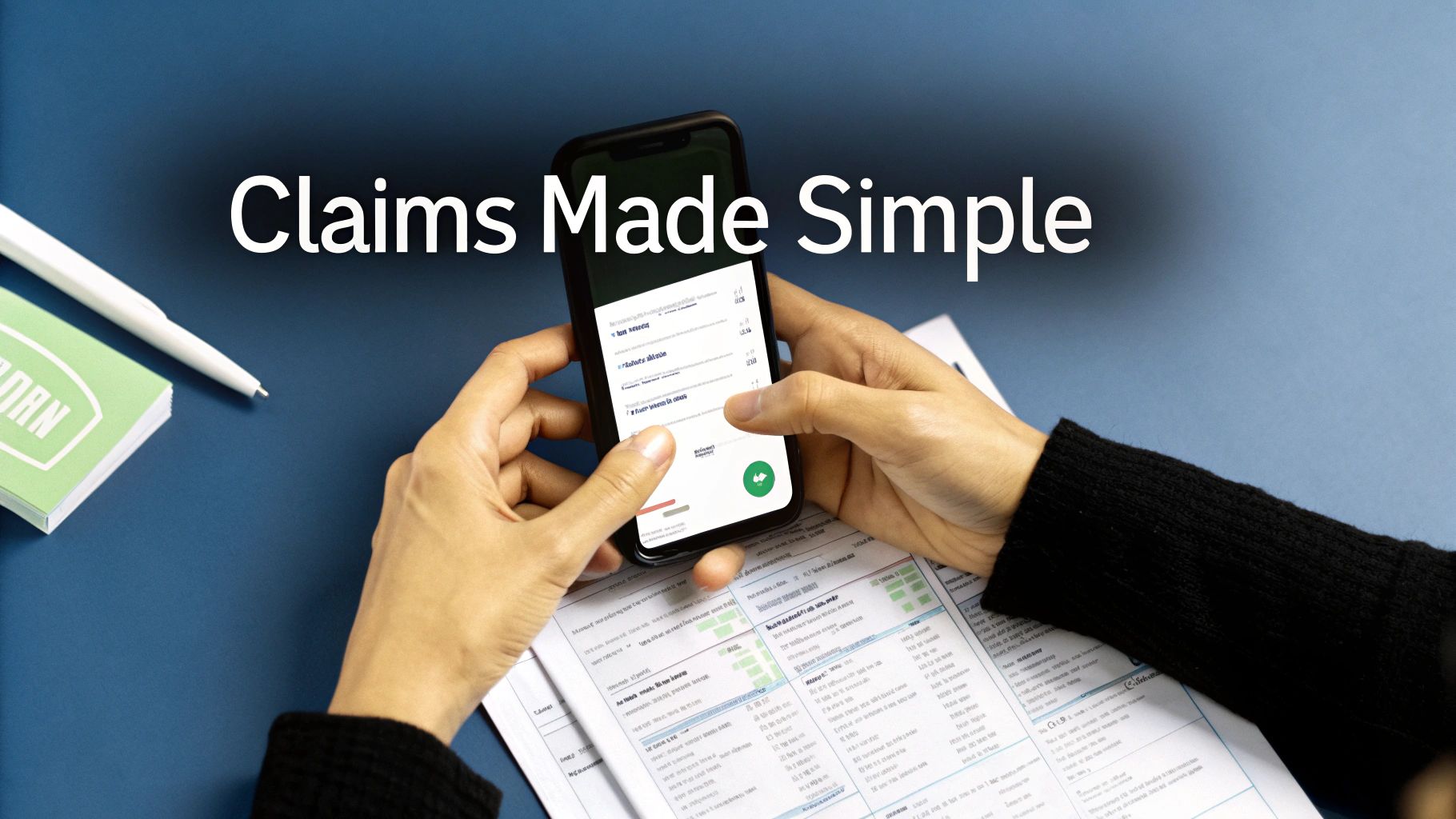 Hands holding a smartphone with claims information, surrounded by papers and a pen on a blue table.