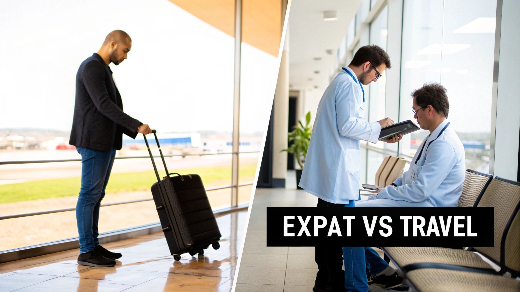 Split image: a man with a suitcase at an airport and two doctors discussing on a tablet, featuring 'EXPAT VS TRAVEL' text.