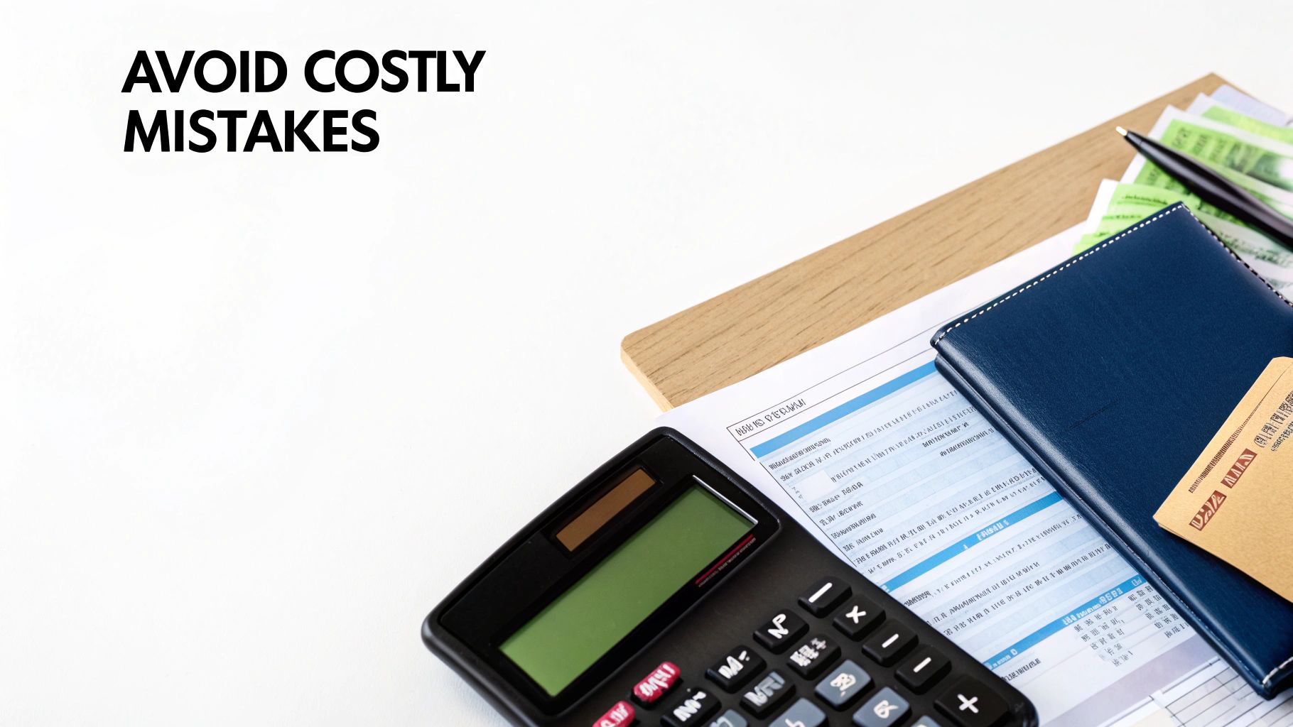 A calculator, financial documents, a blue notebook, and a pen on a desk with the text 'AVOID COSTLY MISTAKES'.