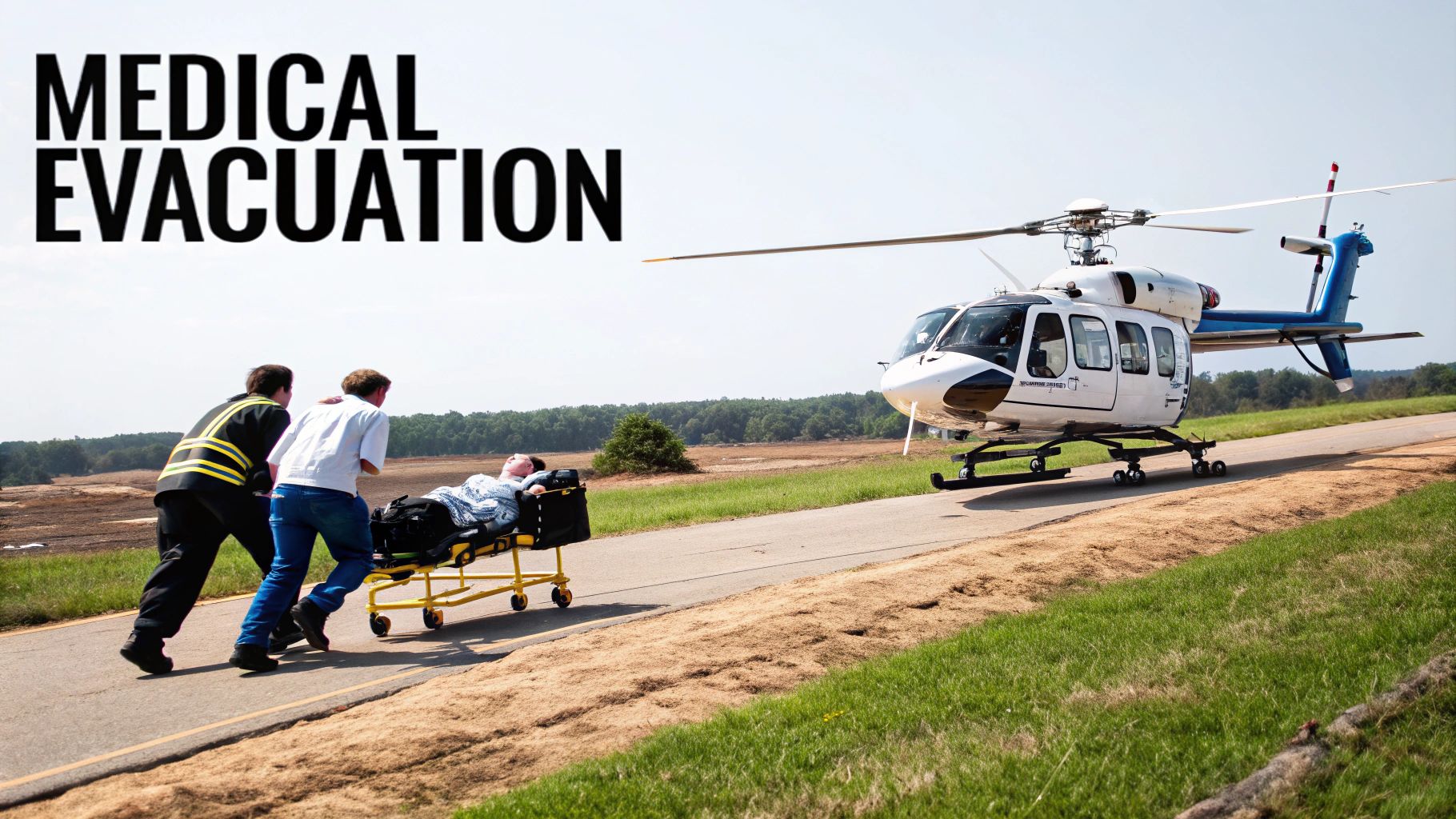 Emergency responders transport a patient on a stretcher to a waiting medical evacuation helicopter.