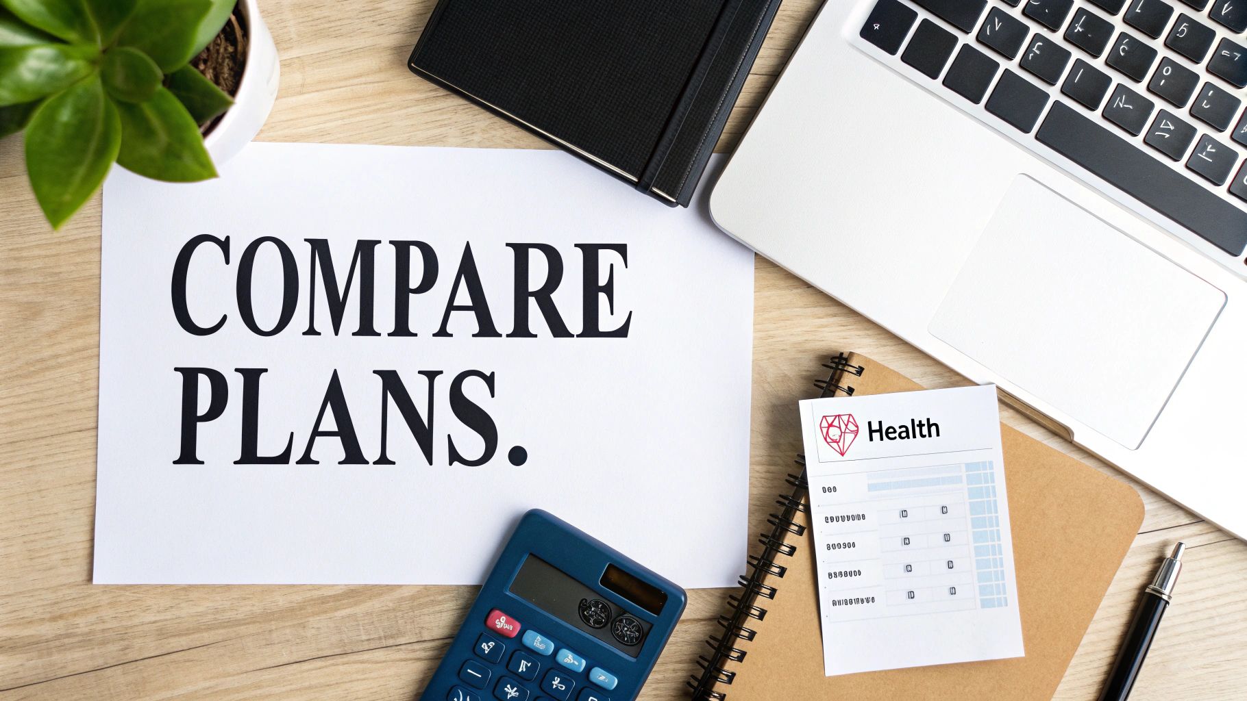 A desk flat lay with a paper reading 'COMPARE PLANS', a calculator, laptop, and a health insurance card.