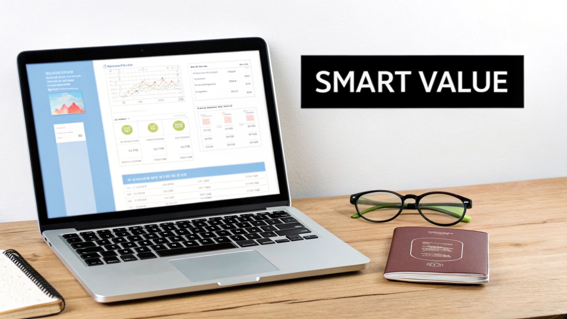A laptop displaying data, glasses, and a notebook on a wooden desk with 'SMART VALUE' text.