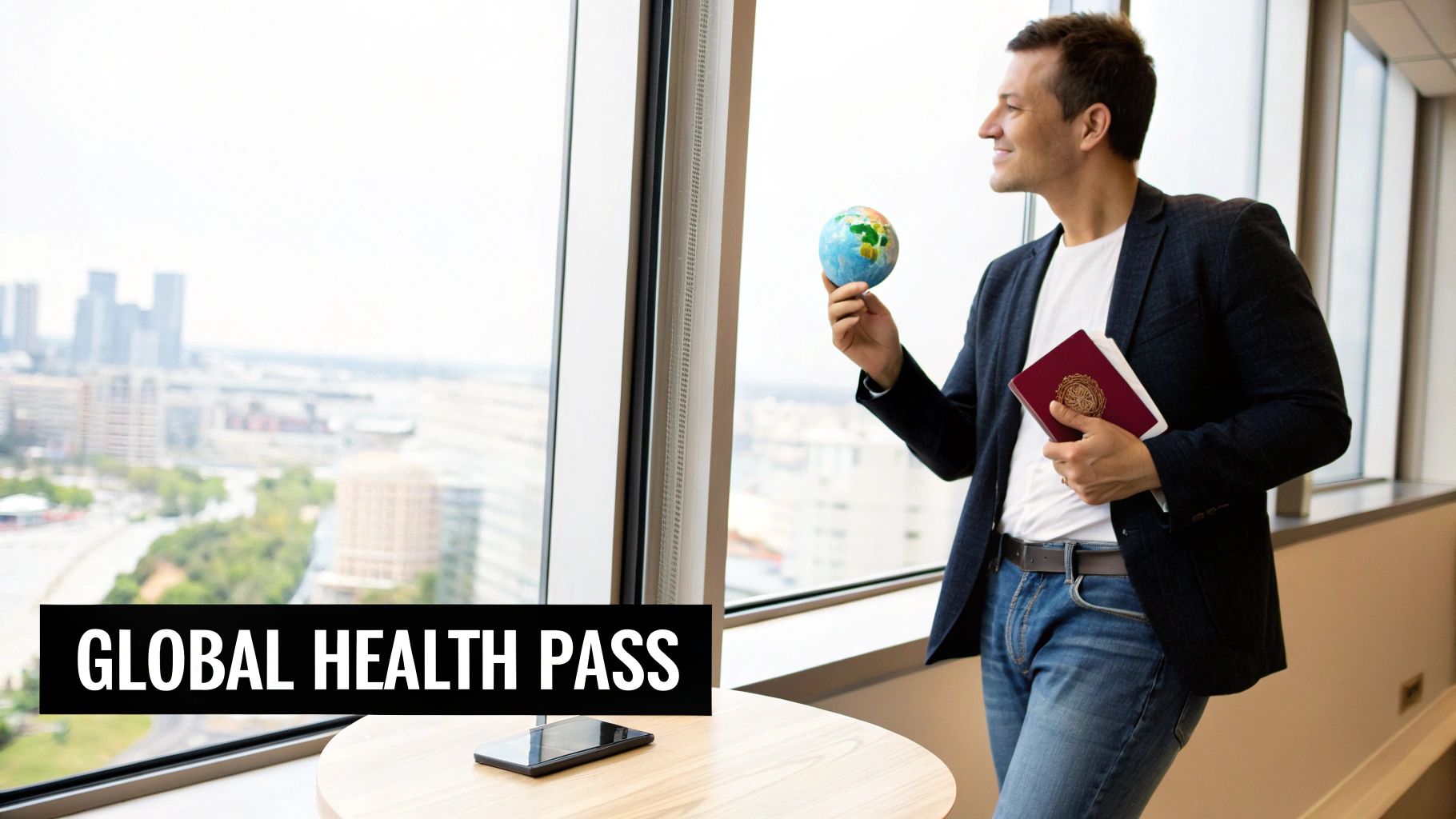 A man holds a globe and passport, looking out a window at a city skyline, with 'GLOBAL HEALTH PASS' text.