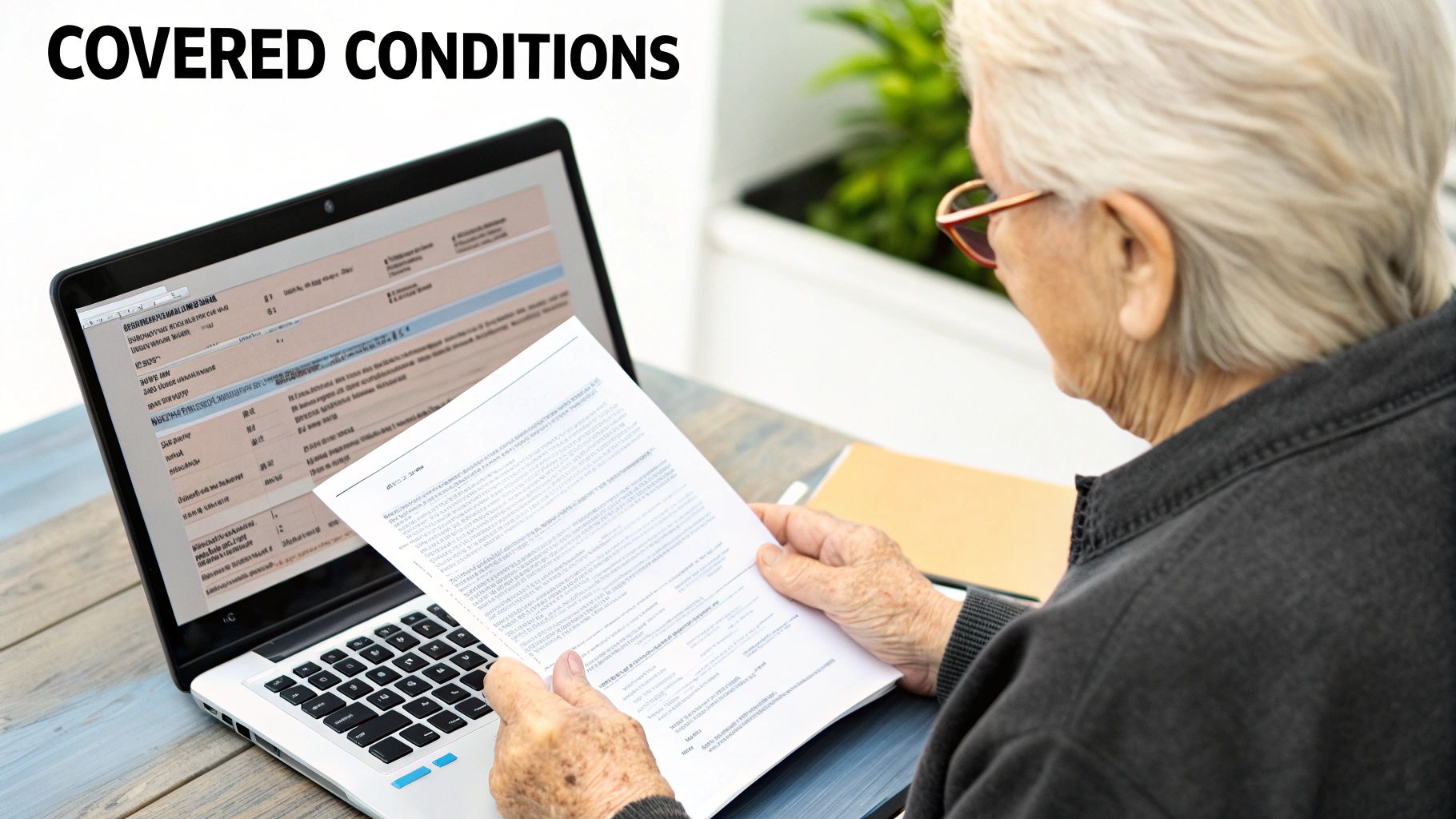 A senior person reviewing insurance documents on a laptop, with 'COVERED CONDITIONS' visible.