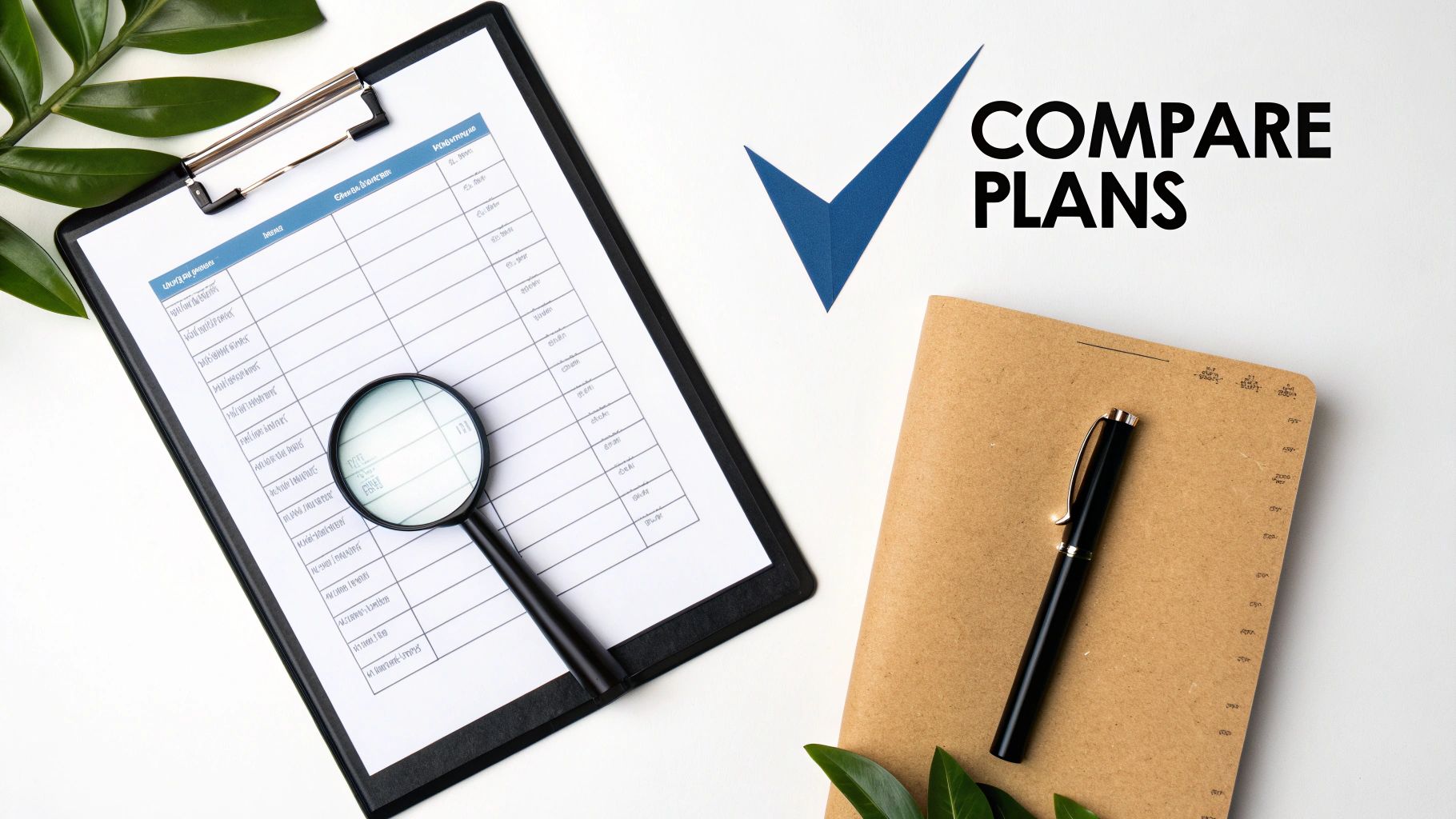 A flat lay with a document for comparing plans, a magnifying glass, and 'COMPARE PLANS' text.