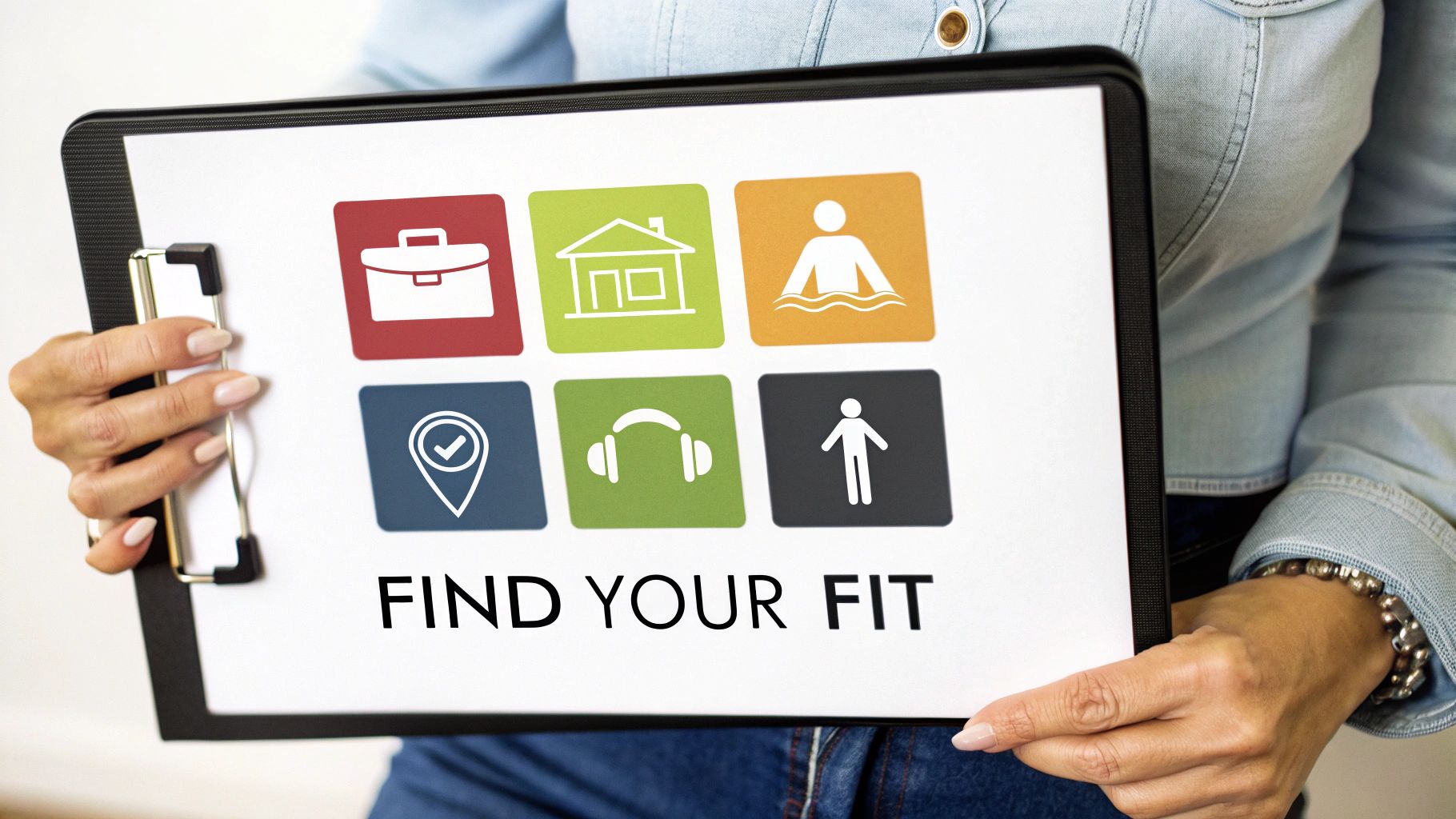 A person holds a clipboard displaying icons for work, home, leisure, location, and personal fit, with the text 'FIND YOUR FIT'.