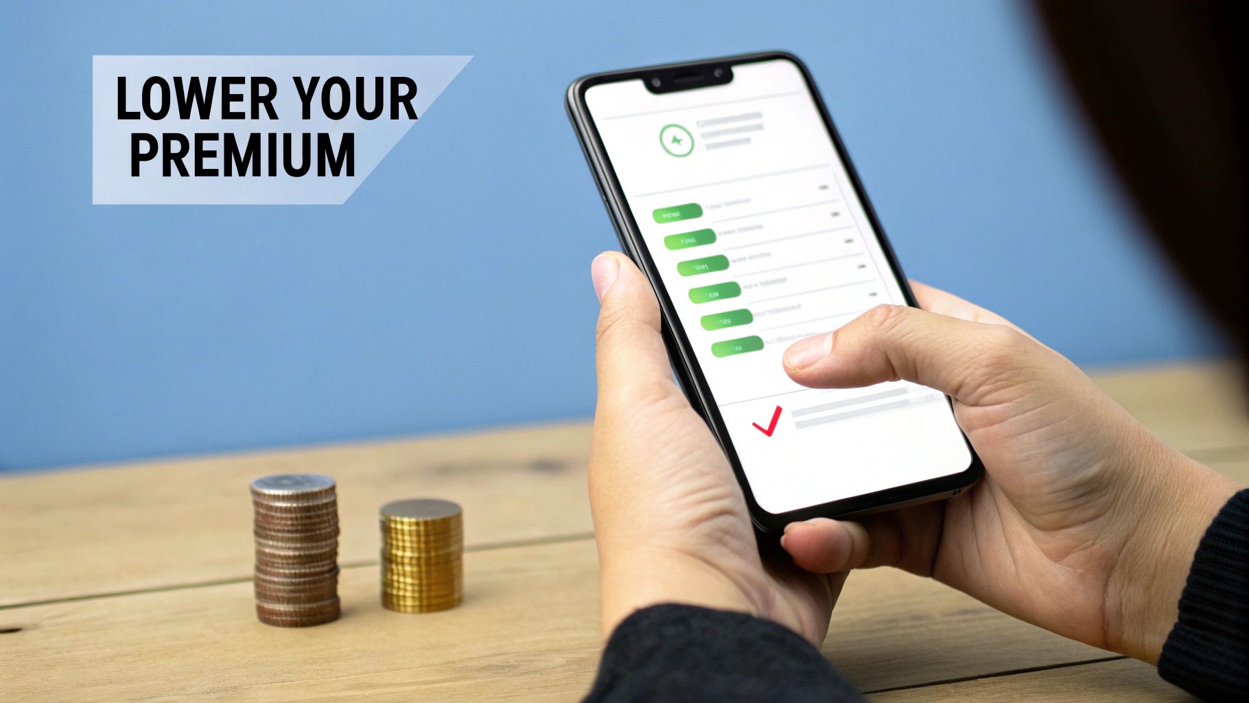 A hand holds a smartphone displaying an app, next to coin stacks and text 'LOWER YOUR PREMIUM'.