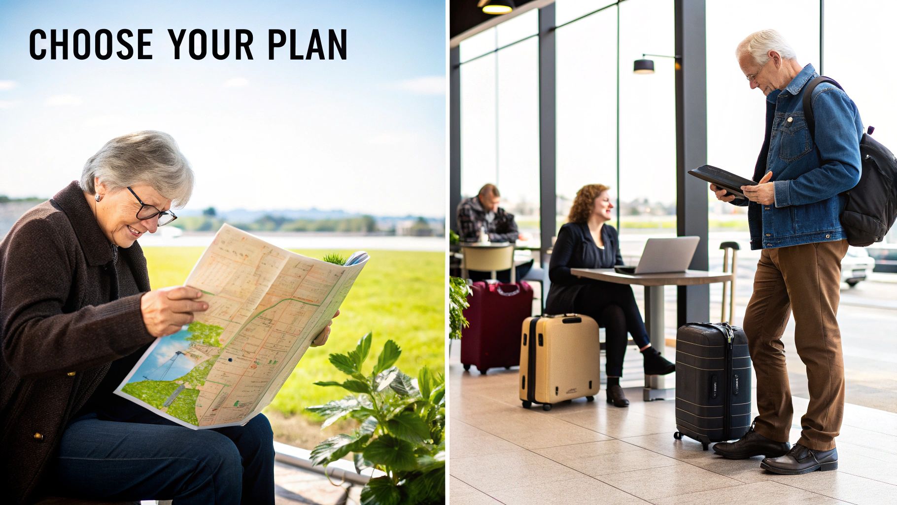 An older woman reads a paper map outdoors, while people at an airport lounge plan trips with devices.
