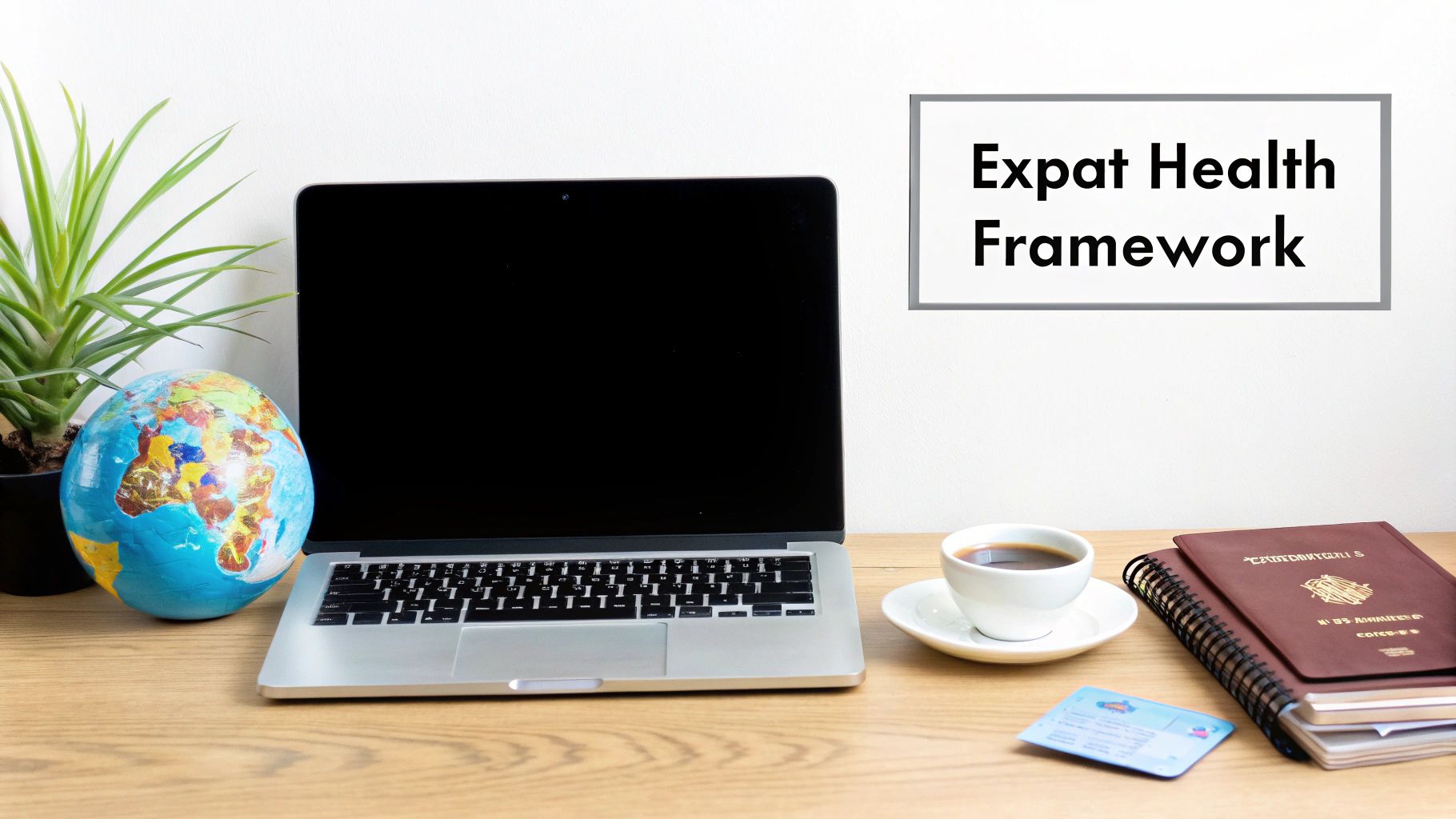 A desk with a laptop, globe, coffee, passports, and a sign 'Expat Health Framework'.