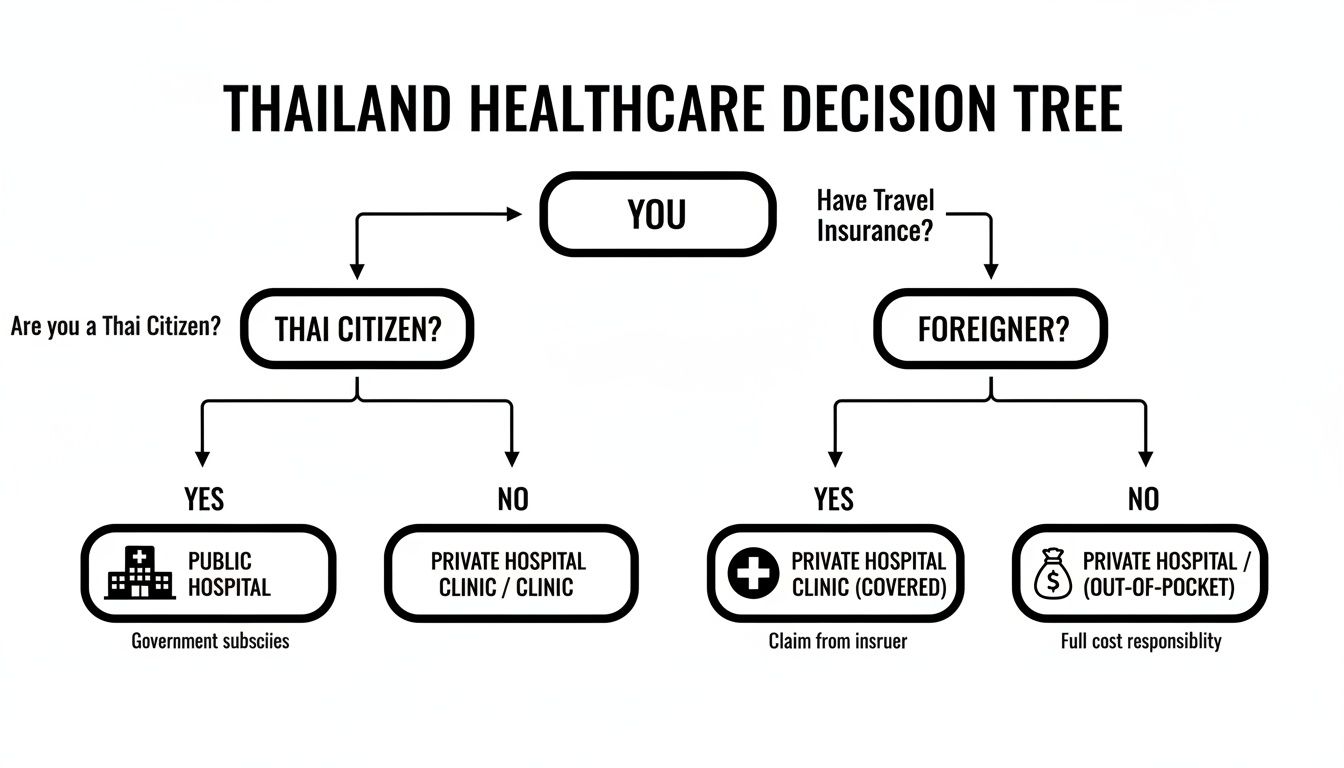 Flowchart detailing Thailand's healthcare decisions for citizens and foreigners with or without travel insurance.