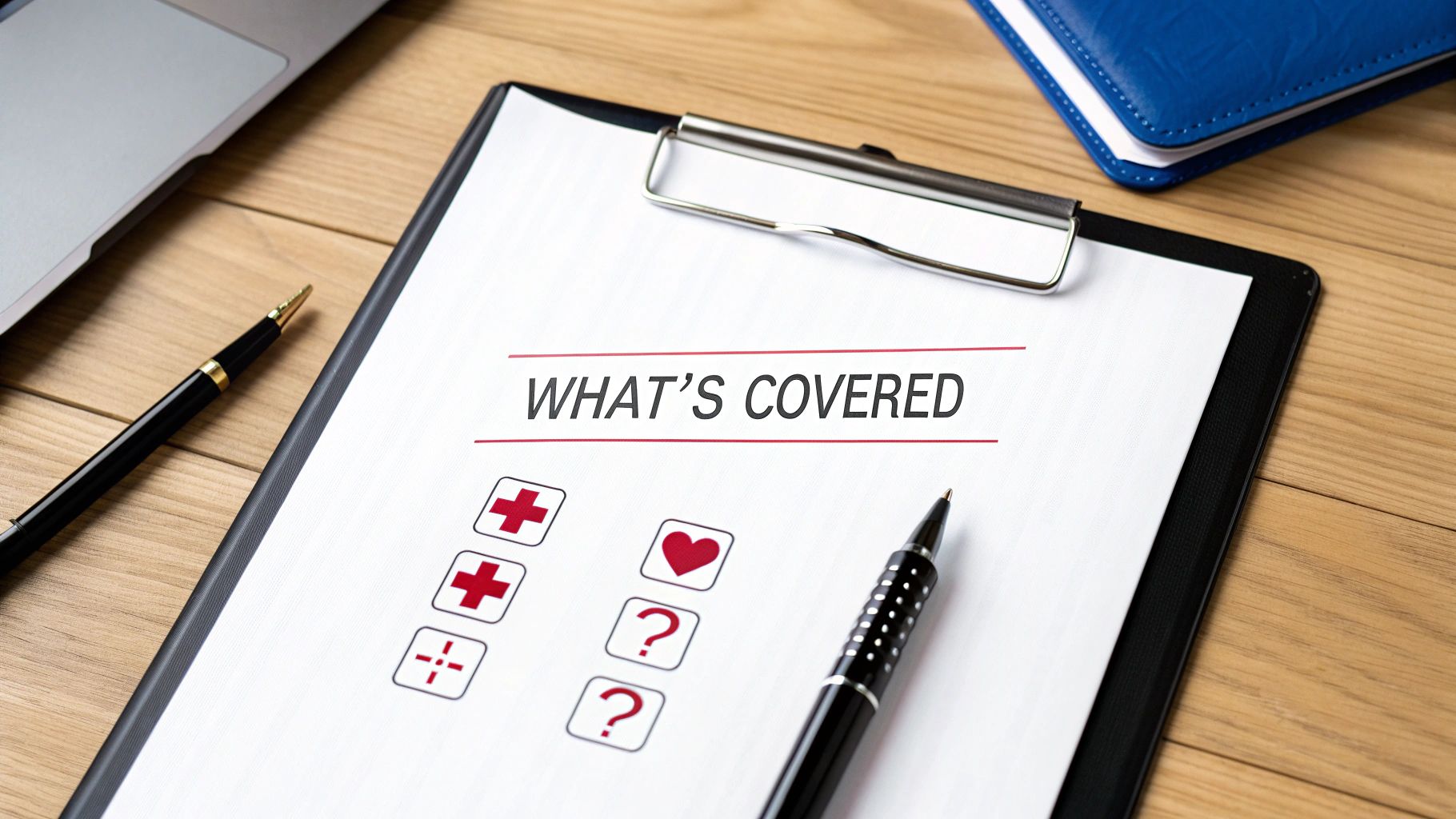 A clipboard with a document titled 'WHAT'S COVERED', showing medical crosses, a heart, and question mark icons, with pens and a laptop.