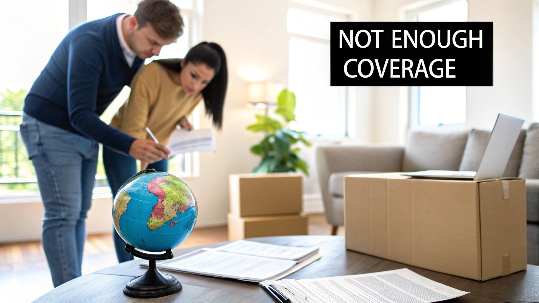 Man and woman discussing travel plans with a globe and documents, highlighting 'NOT ENOUGH COVERAGE'.