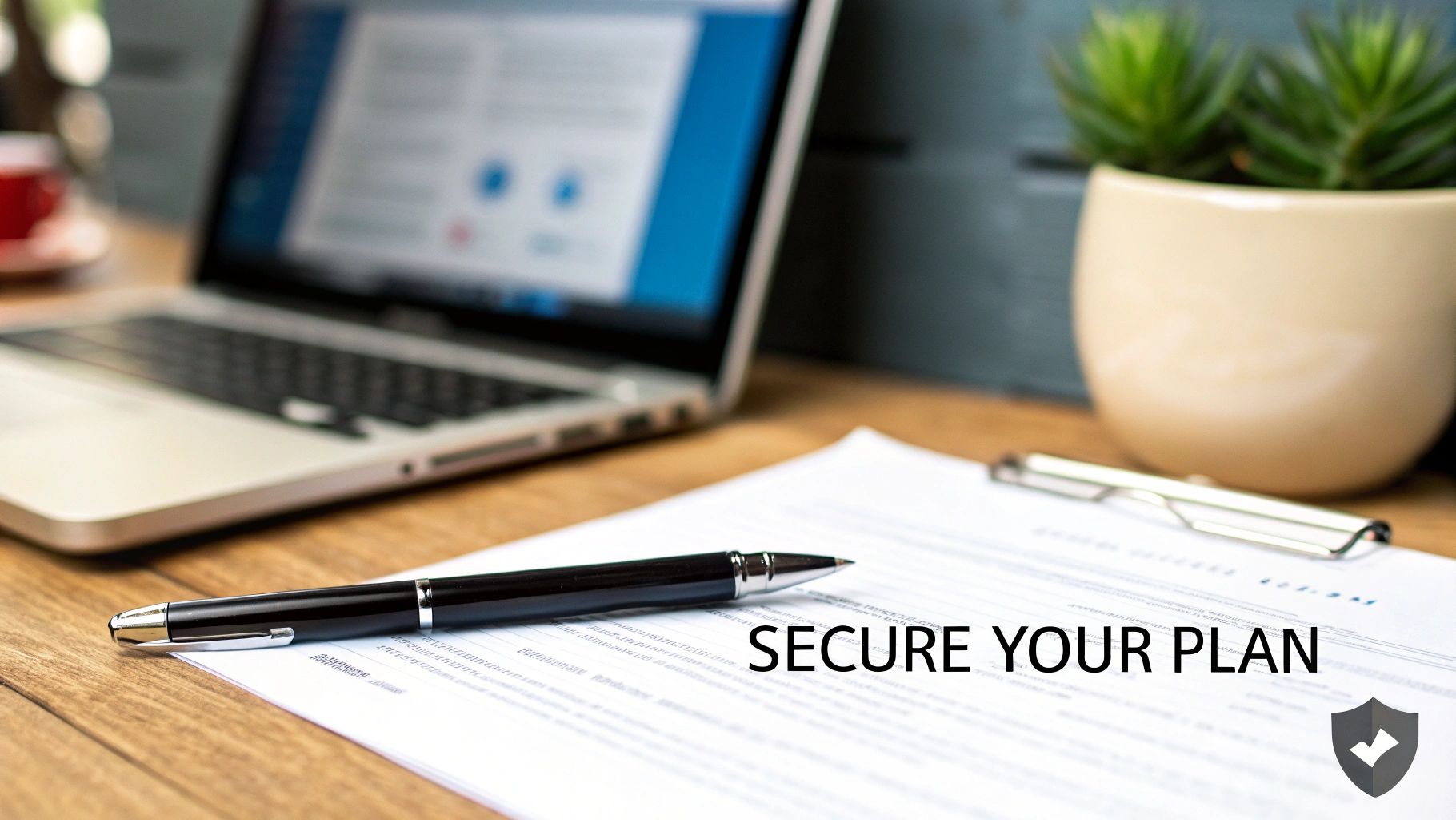 A pen rests on a document displaying 'SECURE YOUR PLAN' with a laptop and plant in the background, symbolizing secure planning.