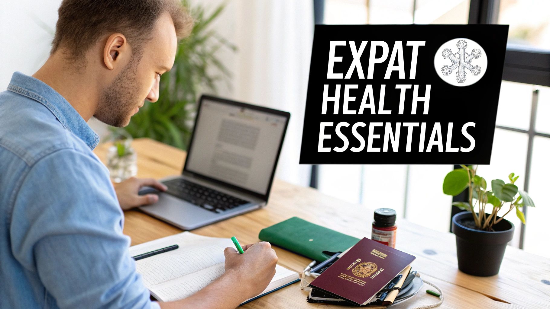 A man works on a laptop and writes, next to a passport and pill bottle, under an 'Expat Health Essentials' banner.