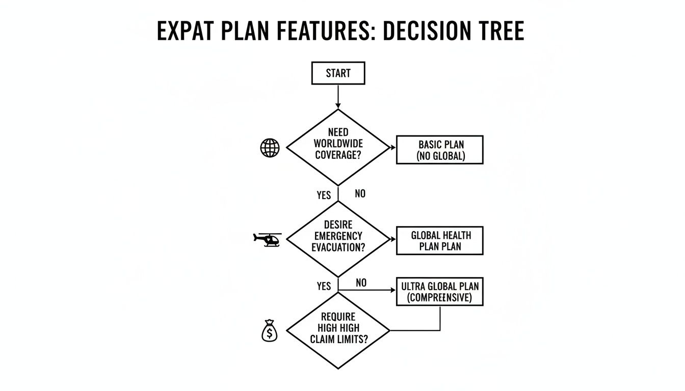 Decision tree flowchart for expat health plans, detailing worldwide coverage, emergency evacuation, and high claim limits.