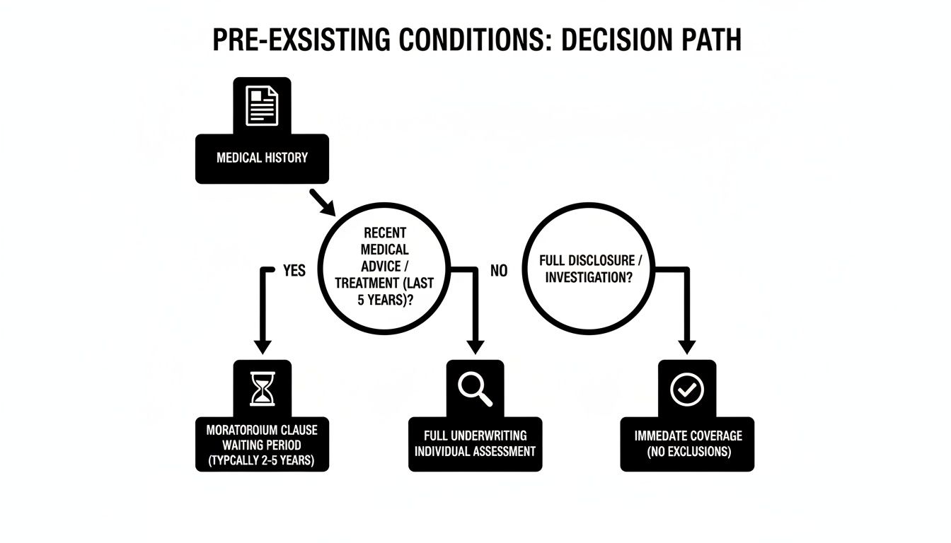 Flowchart illustrating decision paths for pre-existing medical conditions, including moratorium, underwriting, and immediate coverage options.