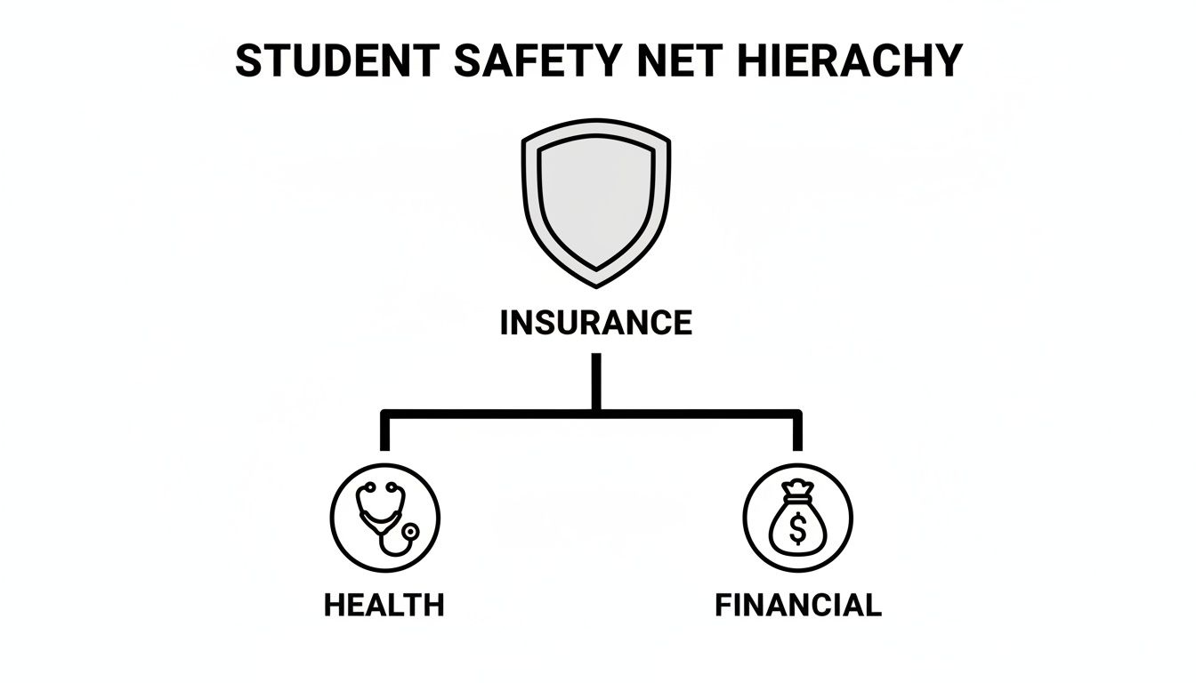 Diagram illustrating student safety net hierarchy: Insurance covers both health and financial aspects.