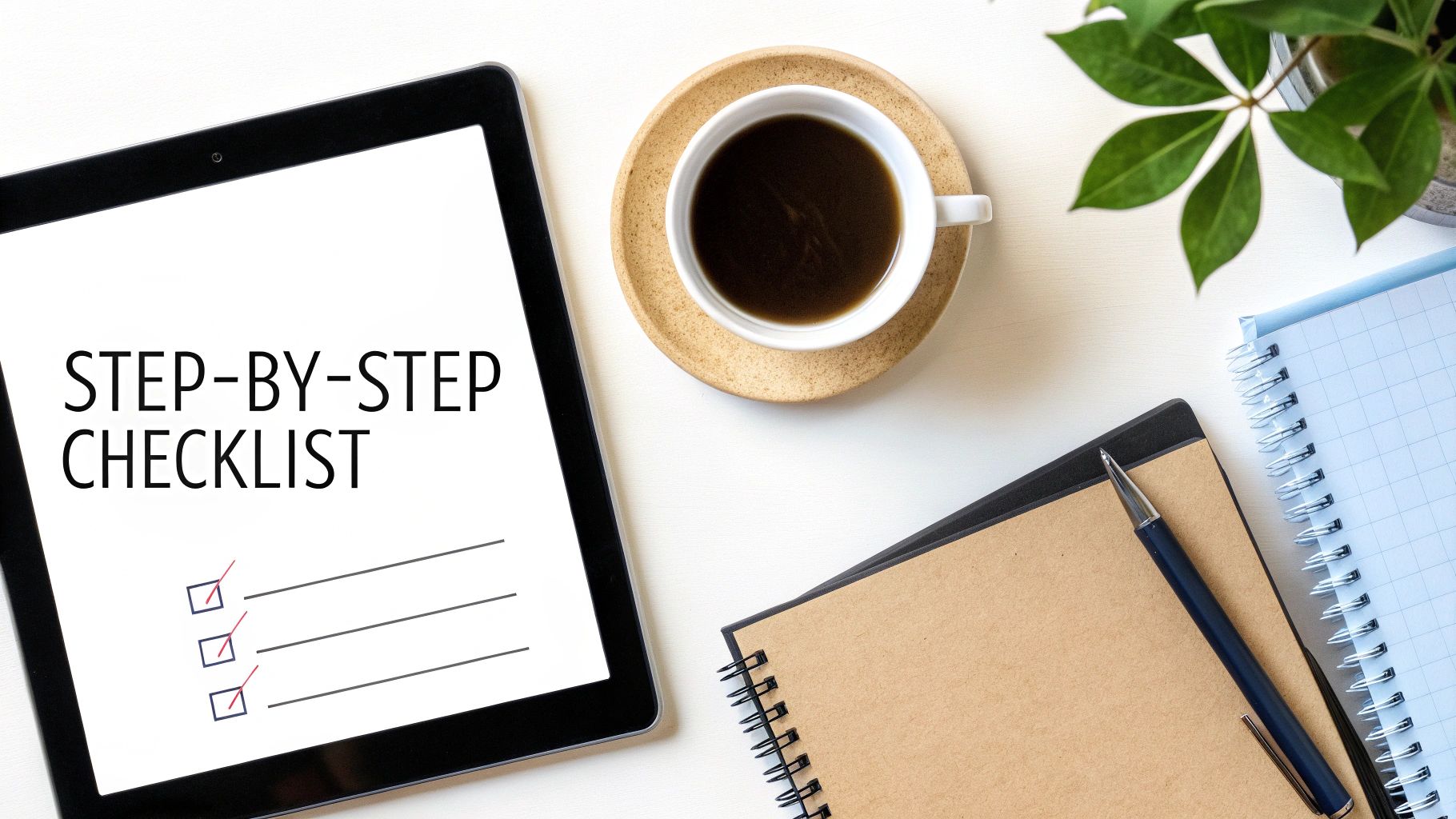 A top-down view of a workspace with a tablet showing a step-by-step checklist, coffee, notebooks, and a plant.