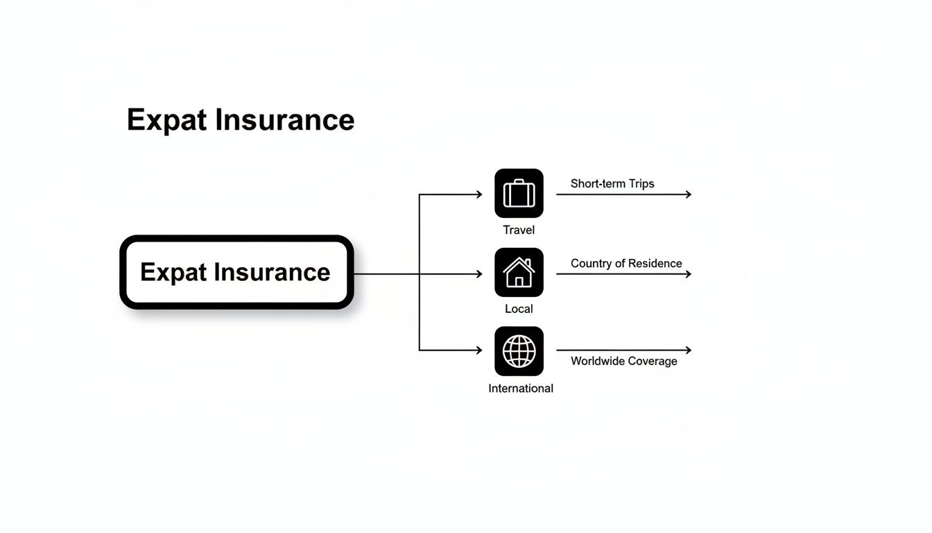 Expat insurance options flowchart: Travel for short trips, Local for residence, and International for worldwide coverage.