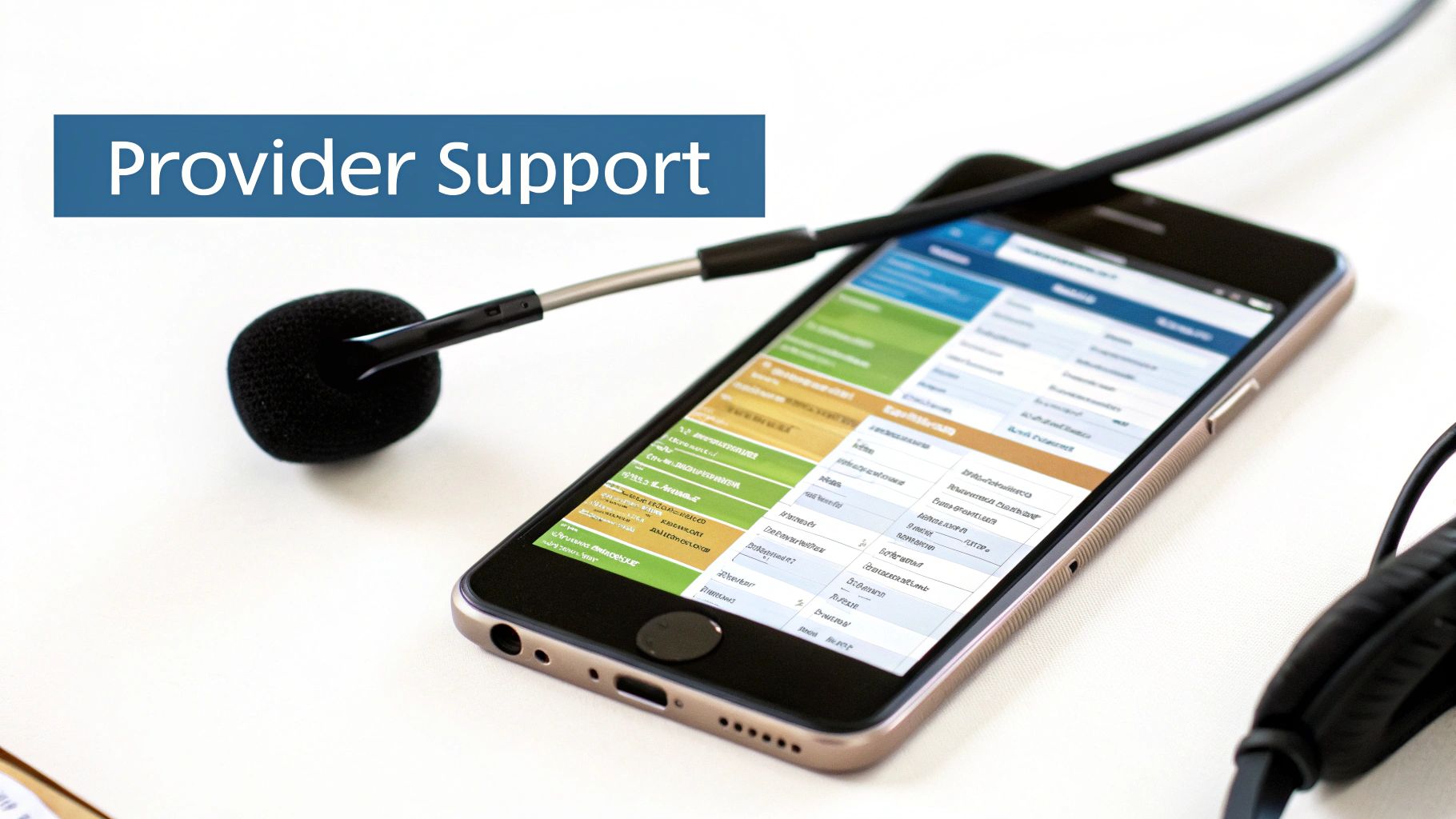 A smartphone showing data tables next to a headset, with a 'Provider Support' banner.