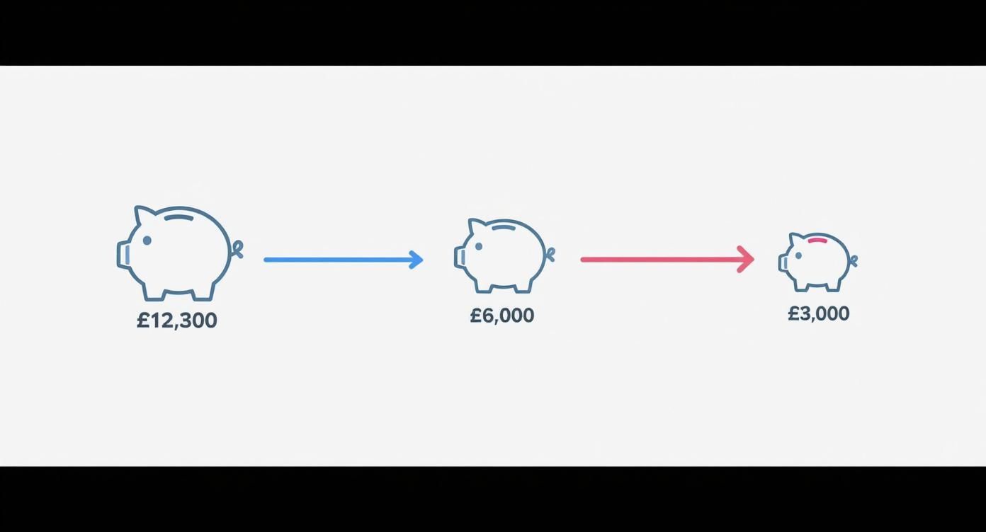 An infographic showing the reduction in the Capital Gains Tax allowance from £12,300 to £6,000, and finally to £3,000, with corresponding piggy bank icons shrinking in size.